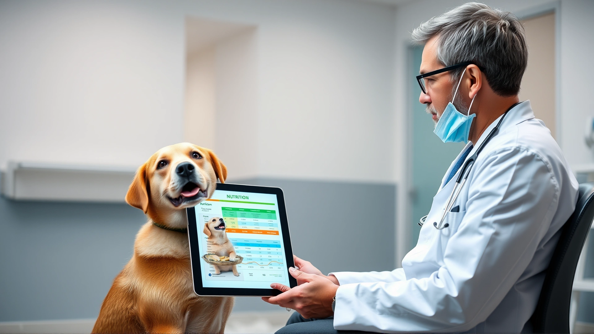Dog owner talking with a veterinarian in a modern clinic; the vet shows a nutrition chart on a tablet while the dog sits calmly, bright clinical lighting.