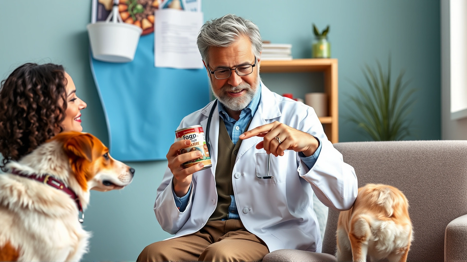 A veterinarian in a white coat sitting with a pet owner, holding a can of dog food and pointing at its label while a medium-sized dog watches