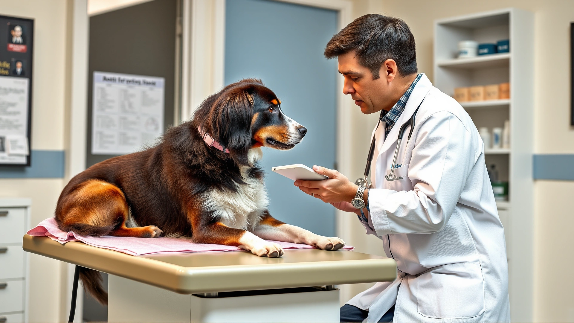 Veterinarian gently examining a dog on an exam table while discussing results with the owner, clinic environment, no text visible.