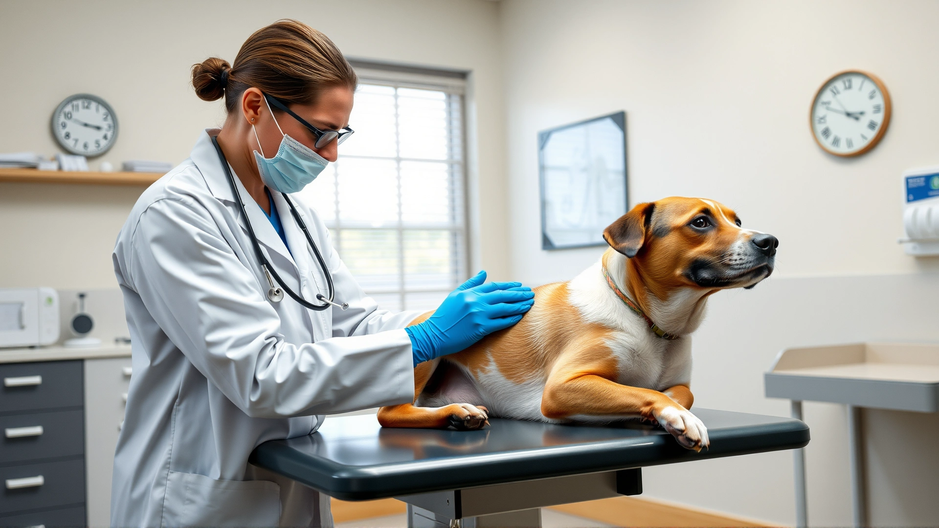 Veterinarian in a white coat gently examining a calm dog on an exam table in a bright clinic room