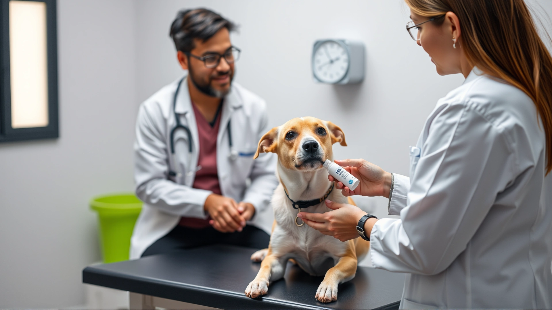 Veterinarian discussing tick prevention medication with a dog owner while the dog sits on the examination table.