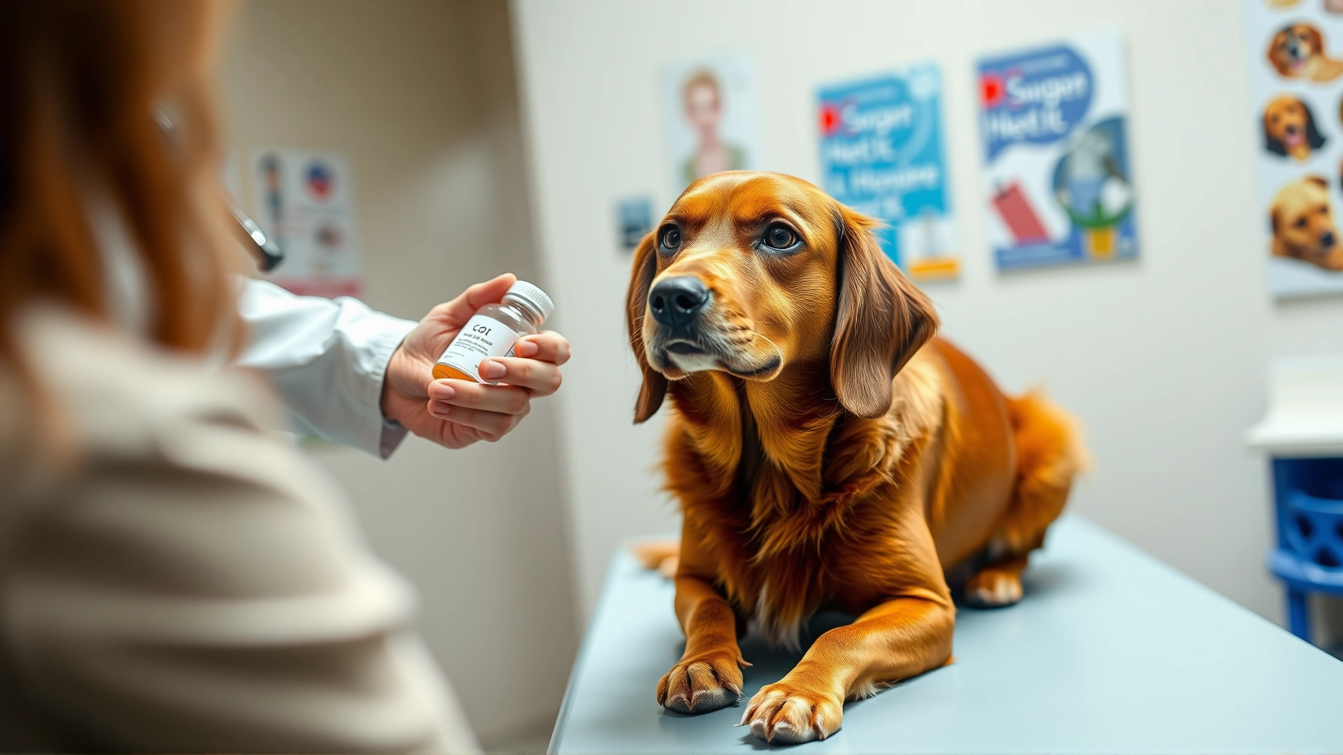 Veterinarian in clinic handing a small prescription bottle to a dog owner while the calm dog sits on the exam table, medical posters blurred in background.