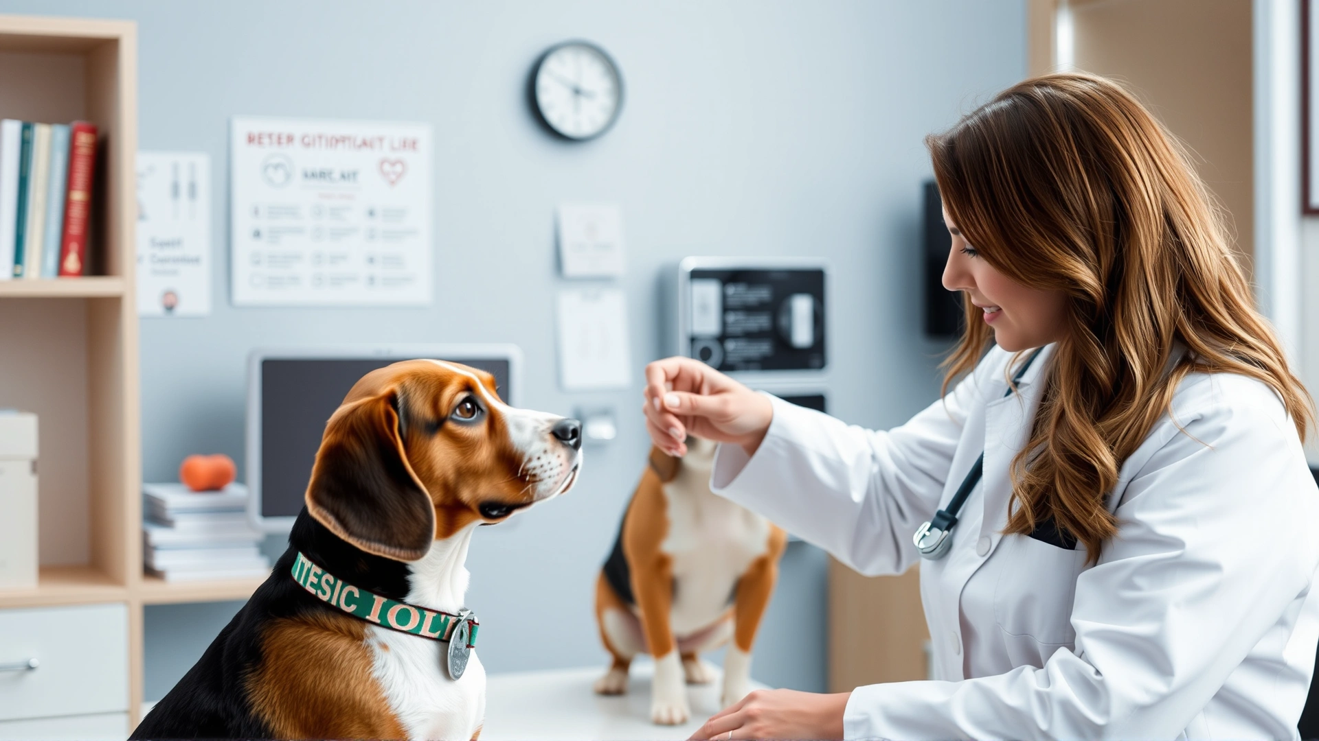 Female veterinarian in a modern clinic gently examining a Beagle while talking to the dog's owner