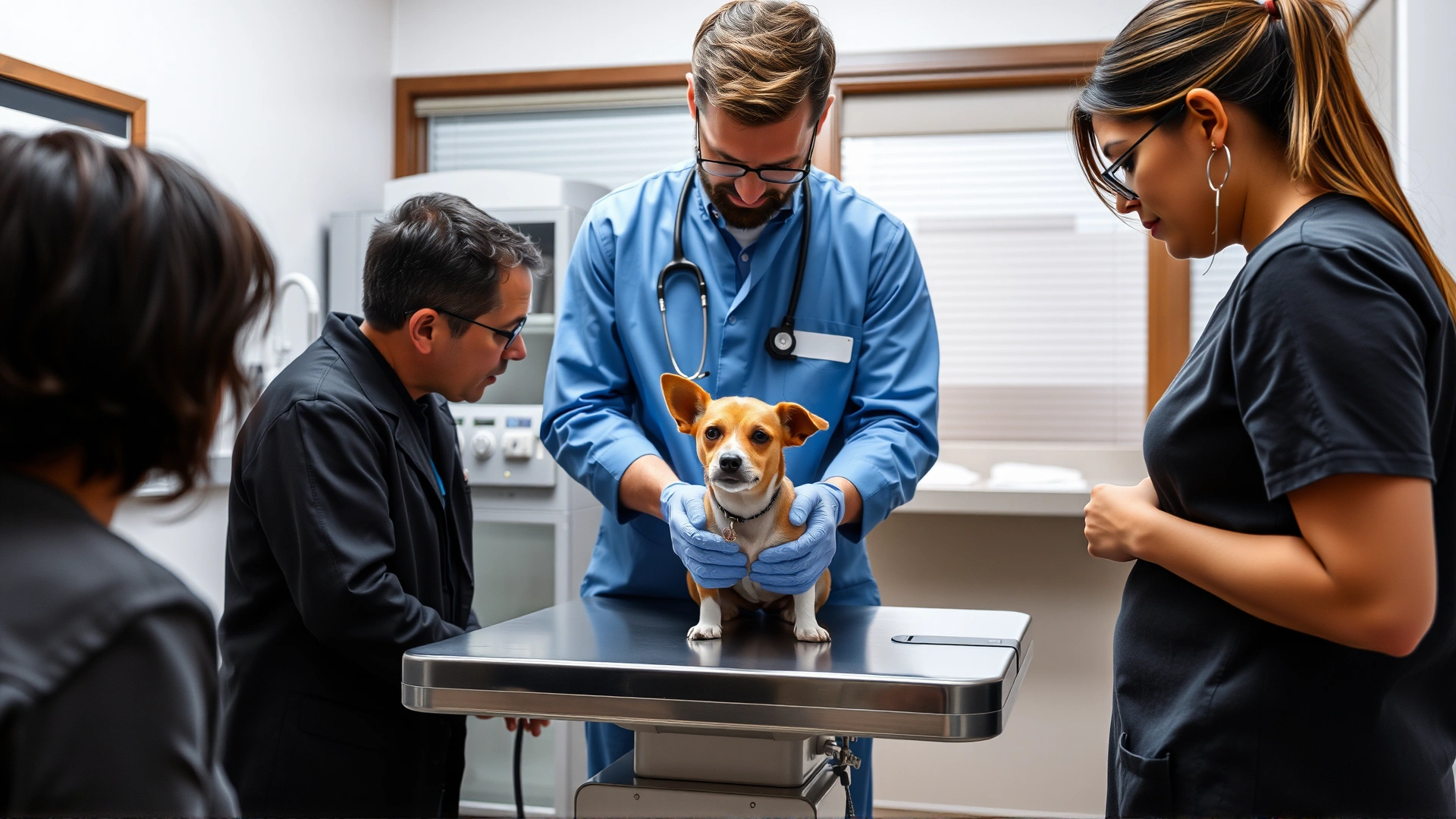 Veterinarian examining a small dog on an exam table while the owner watches, veterinary clinic setting