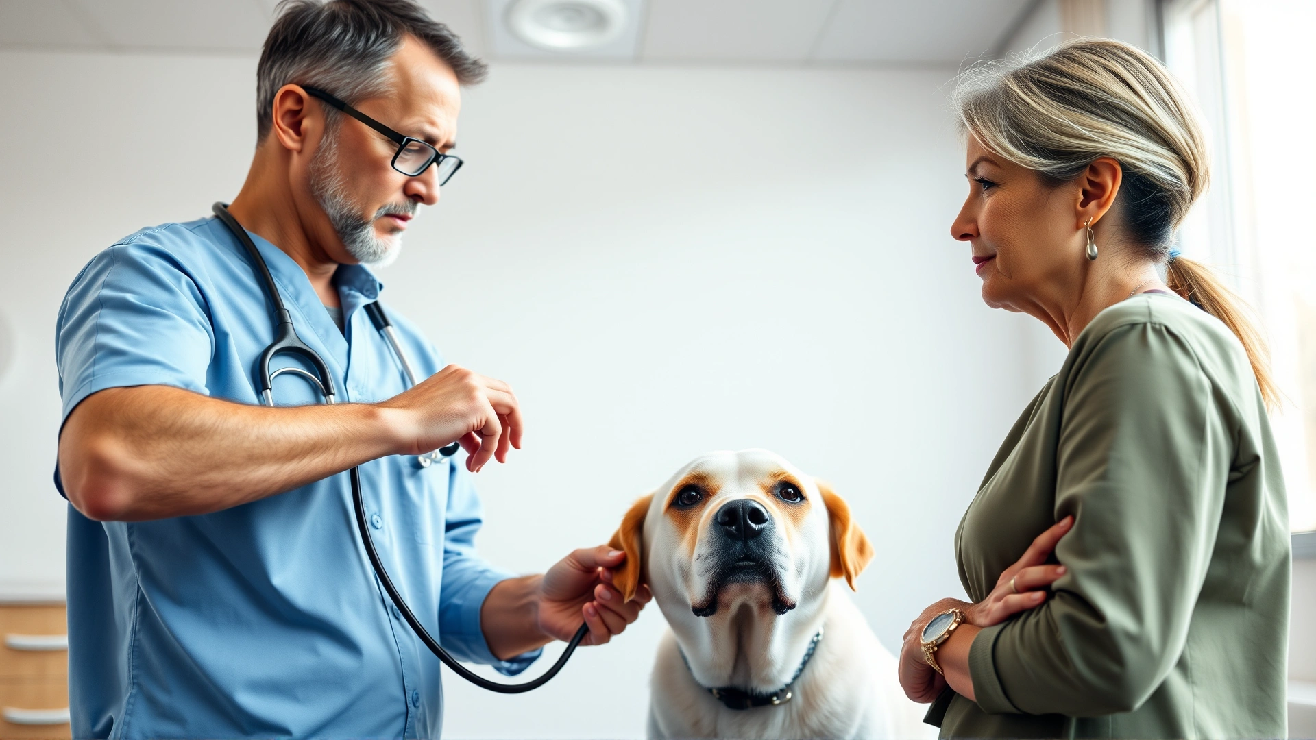 Veterinarian using a stethoscope on a senior dog while explaining findings to a concerned owner, bright modern clinic interior.