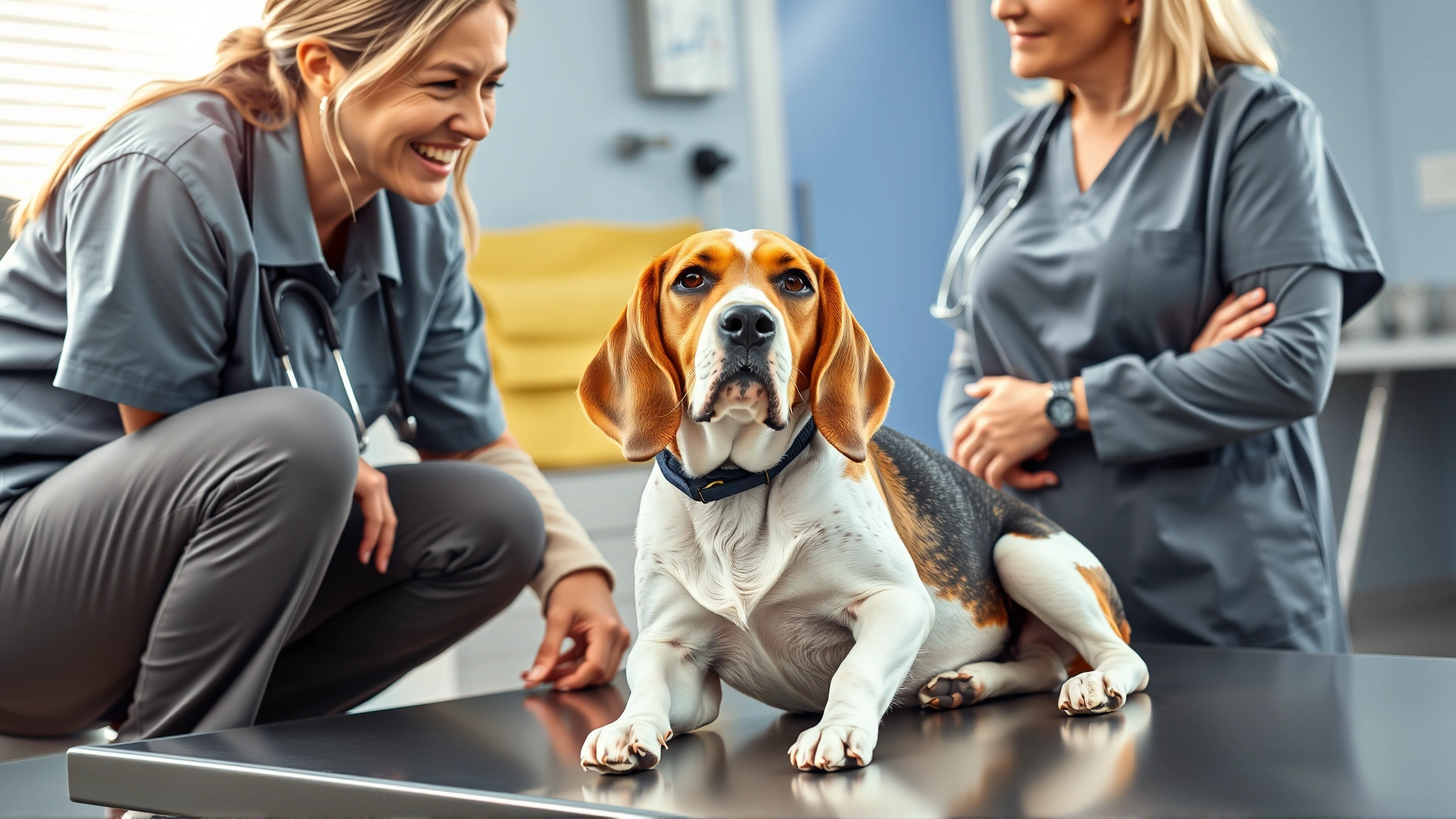 A friendly female veterinarian crouching next to an old beagle on the examination table while talking to a concerned owner; bright, professional clinic background.