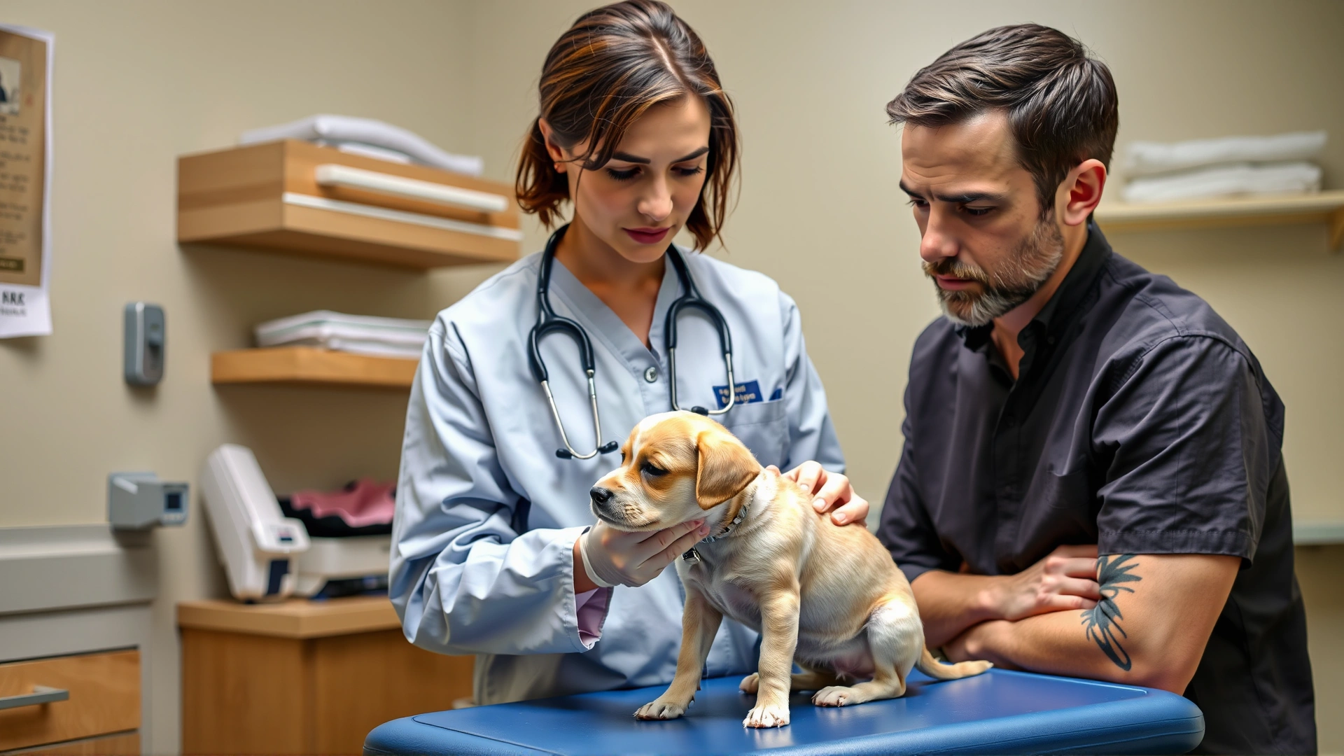 A veterinarian examining a small puppy on an exam table while calmly explaining findings to the concerned owner