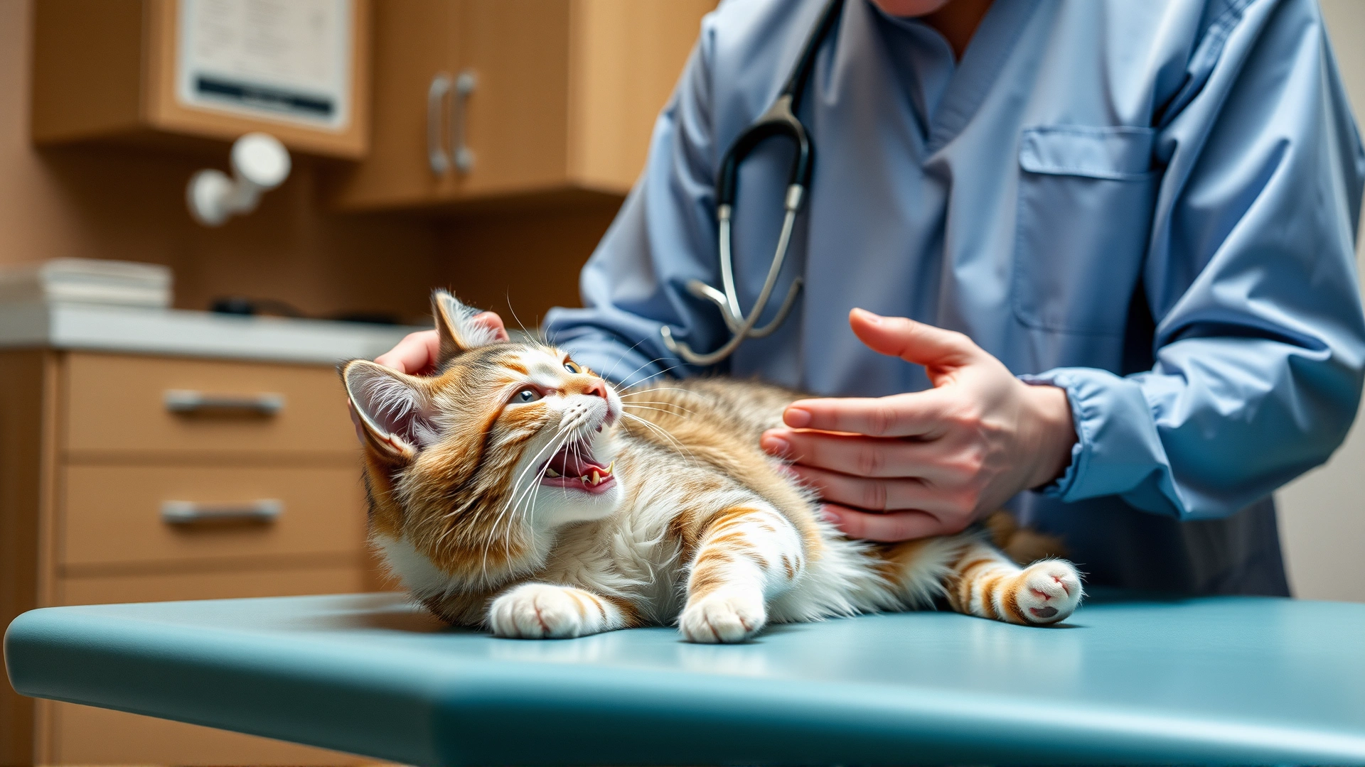 Veterinarian in clinic gently examining the mouth of an elderly cat on the exam table while the owner comforts the pet
