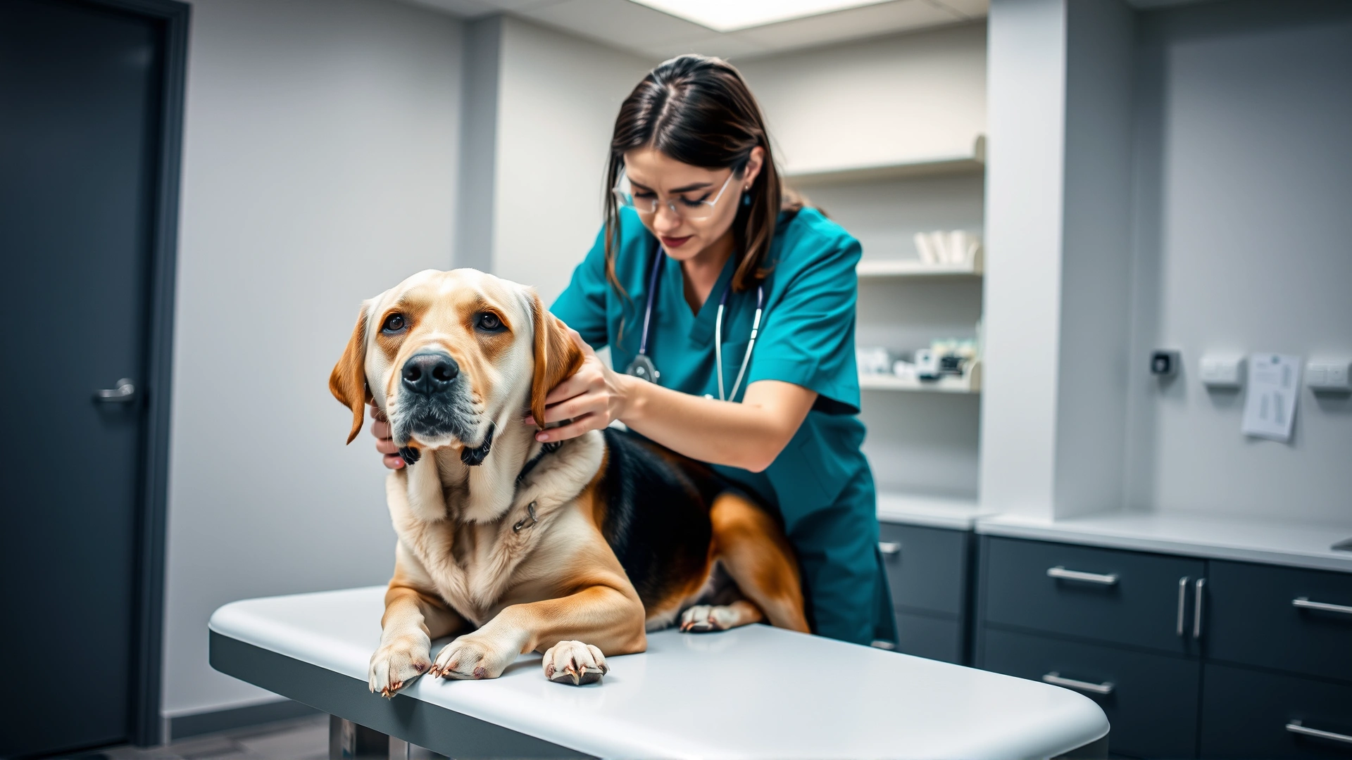 Female veterinarian gently examining an older Labrador Retriever on an exam table inside a modern veterinary clinic.