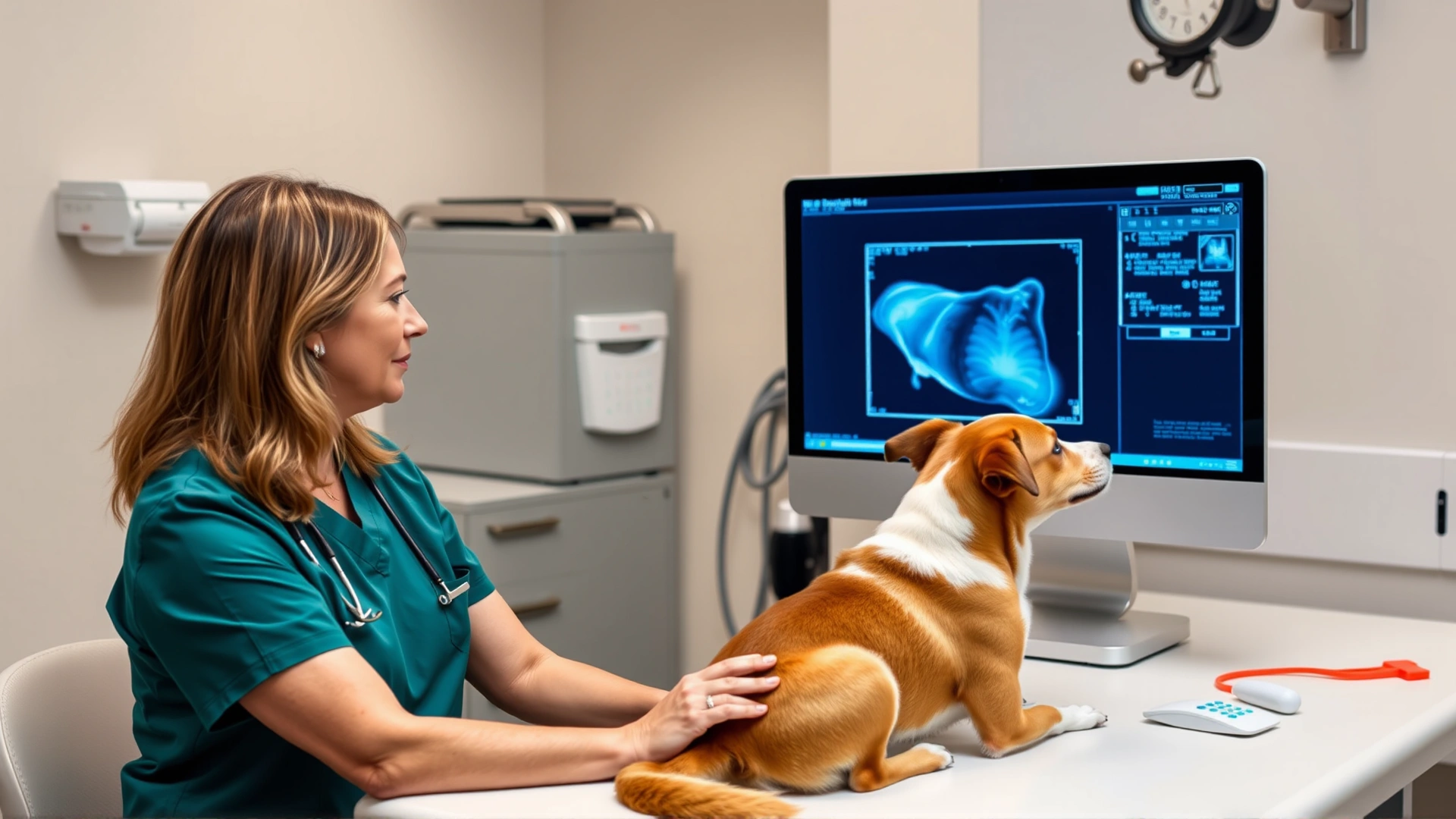 Dog owner discussing an x-ray with a veterinarian in an exam room, both looking at a computer screen, dog sitting calmly on the table.