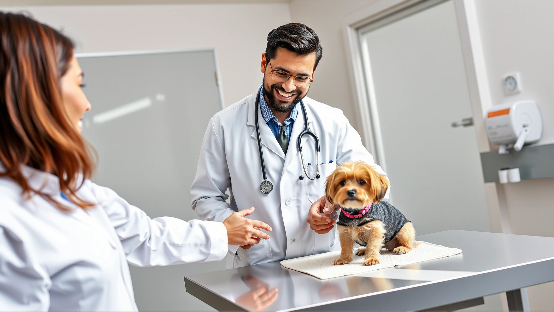 Cheerful veterinarian in white coat talking to dog owner while examining a small dog on the table, bright clinic environment, no text.