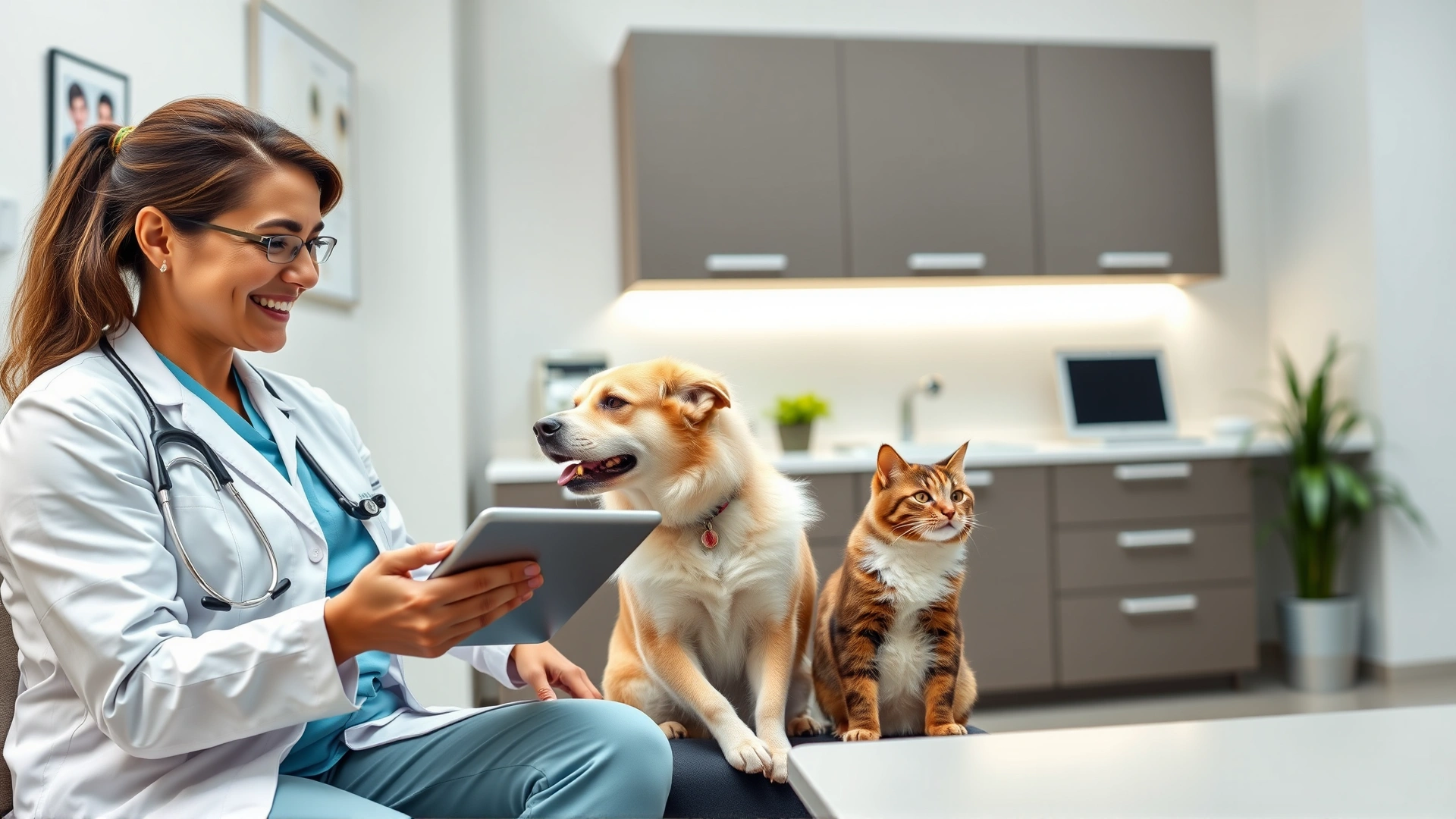 Smiling veterinarian discussing post-operative care with a pet owner in a modern clinic office, using a tablet for reference, dog and cat sitting on owner's lap.