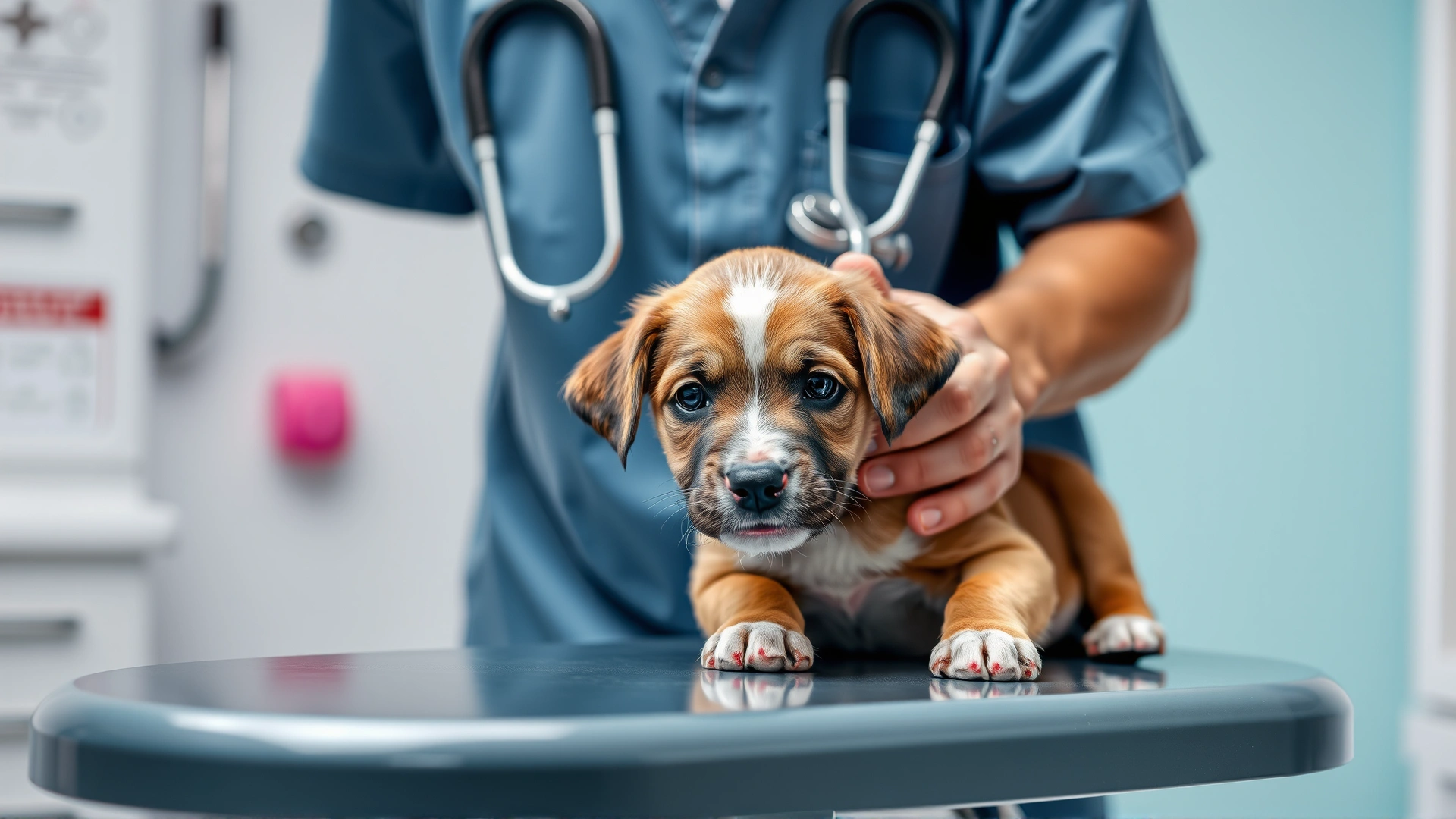 Veterinarian in clinic gently examining a playful puppy on the exam table, focus on interaction, no text