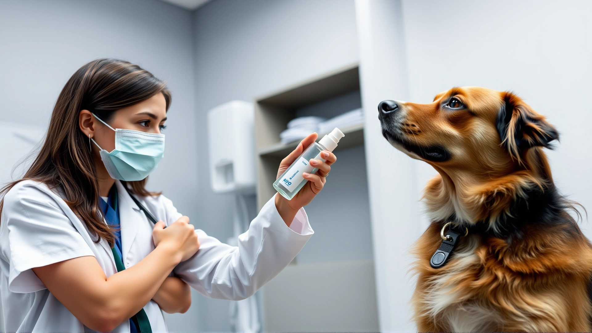Veterinarian in white coat showing a nasal spray bottle to a dog owner in a modern clinic exam room