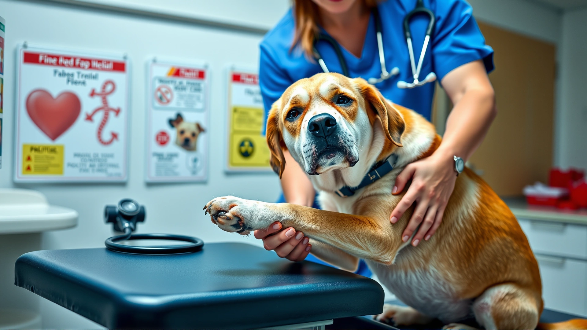 Dog sitting on a veterinary exam table while a veterinarian gently examines its paw; stethoscope and medical posters in the background, bright clinical lighting.