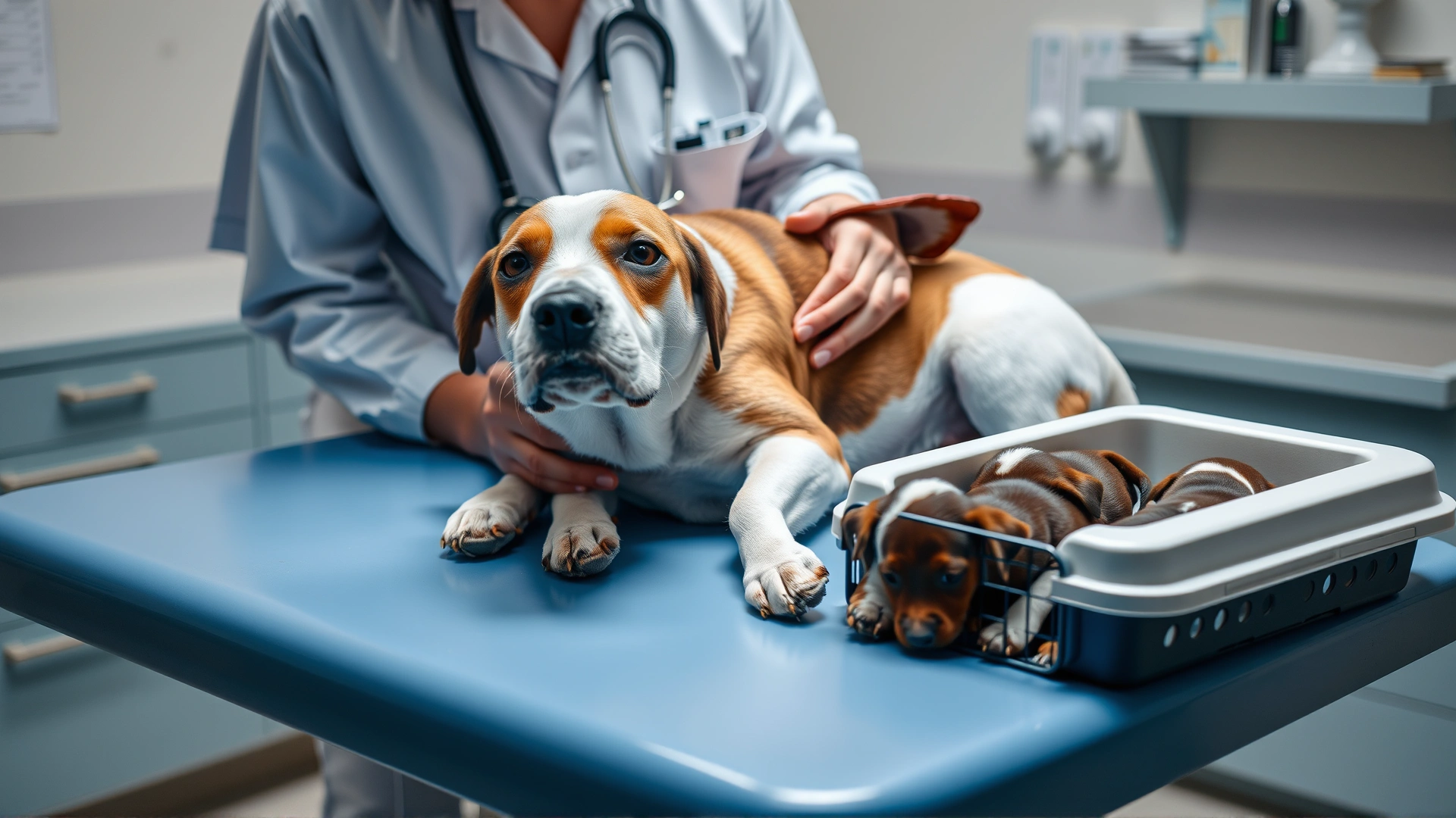 A veterinarian gently examining a mother dog on an exam table while her puppies rest nearby in a carrier.