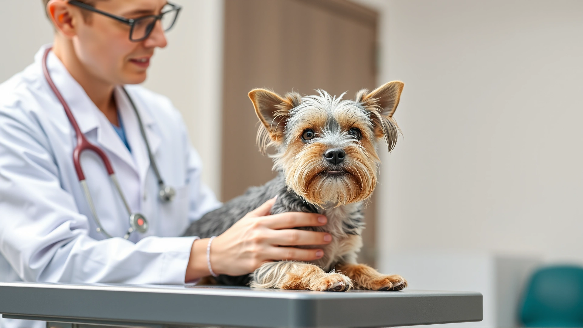 Veterinarian gently examining a small terrier on the clinic table while talking to the dog’s owner, bright clinical setting, no text.