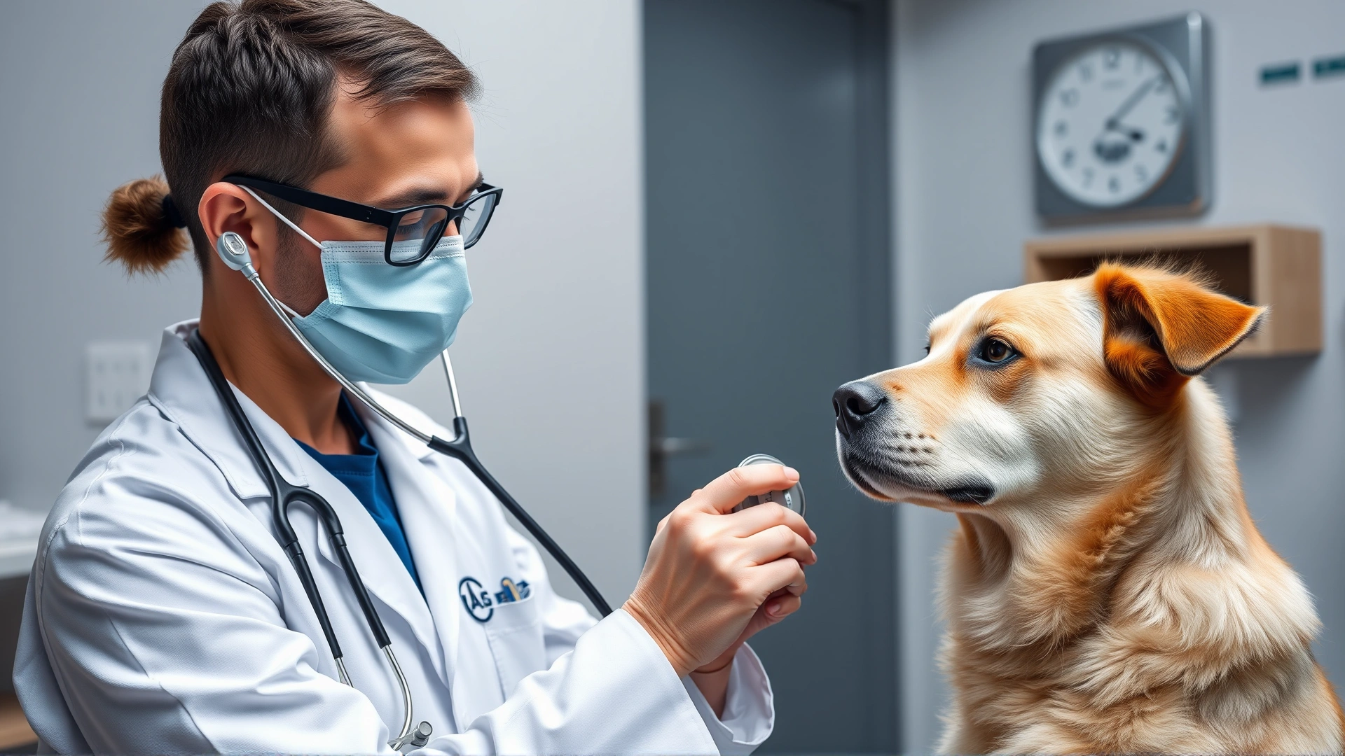 Veterinarian holding a stethoscope to a calm dog during a routine checkup in a clean exam room.
