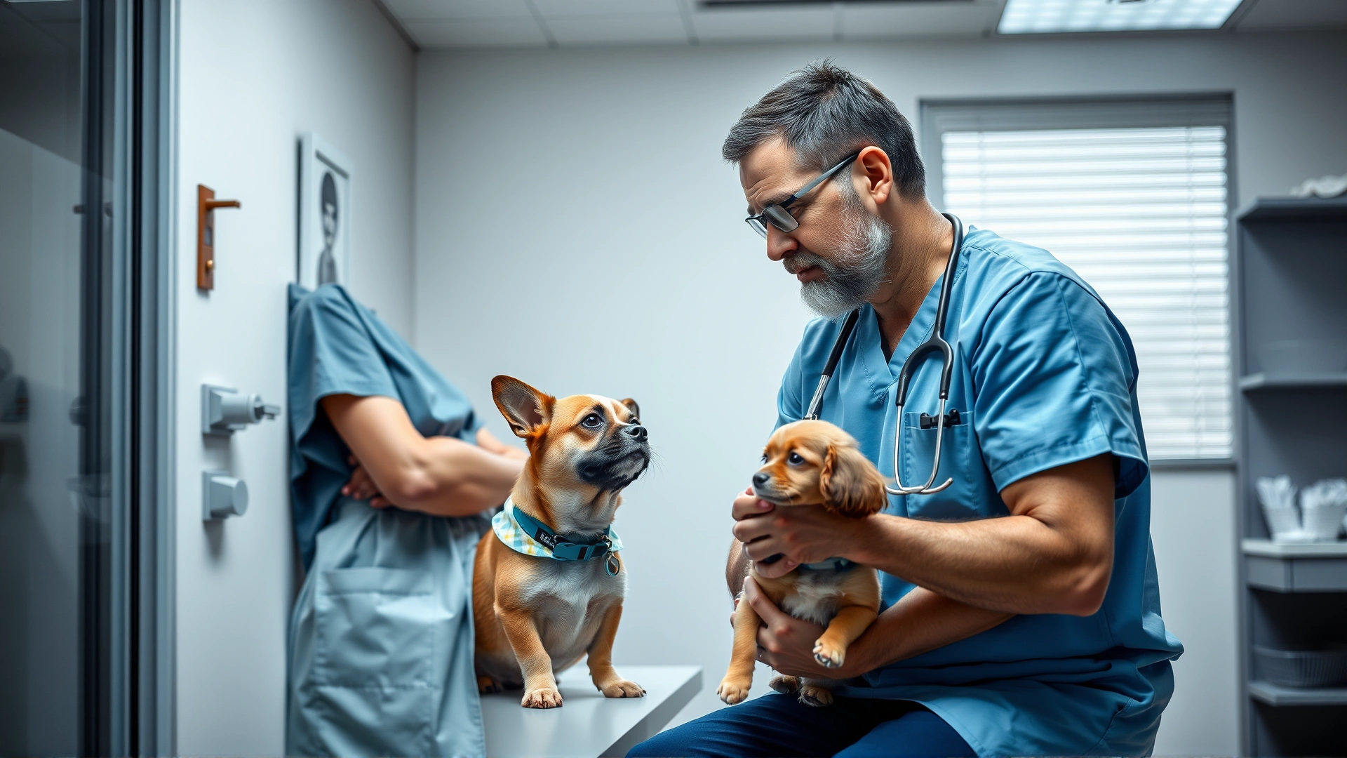 Concerned dog owner talking with a veterinarian in a modern clinic while the vet gently examines a small dog.