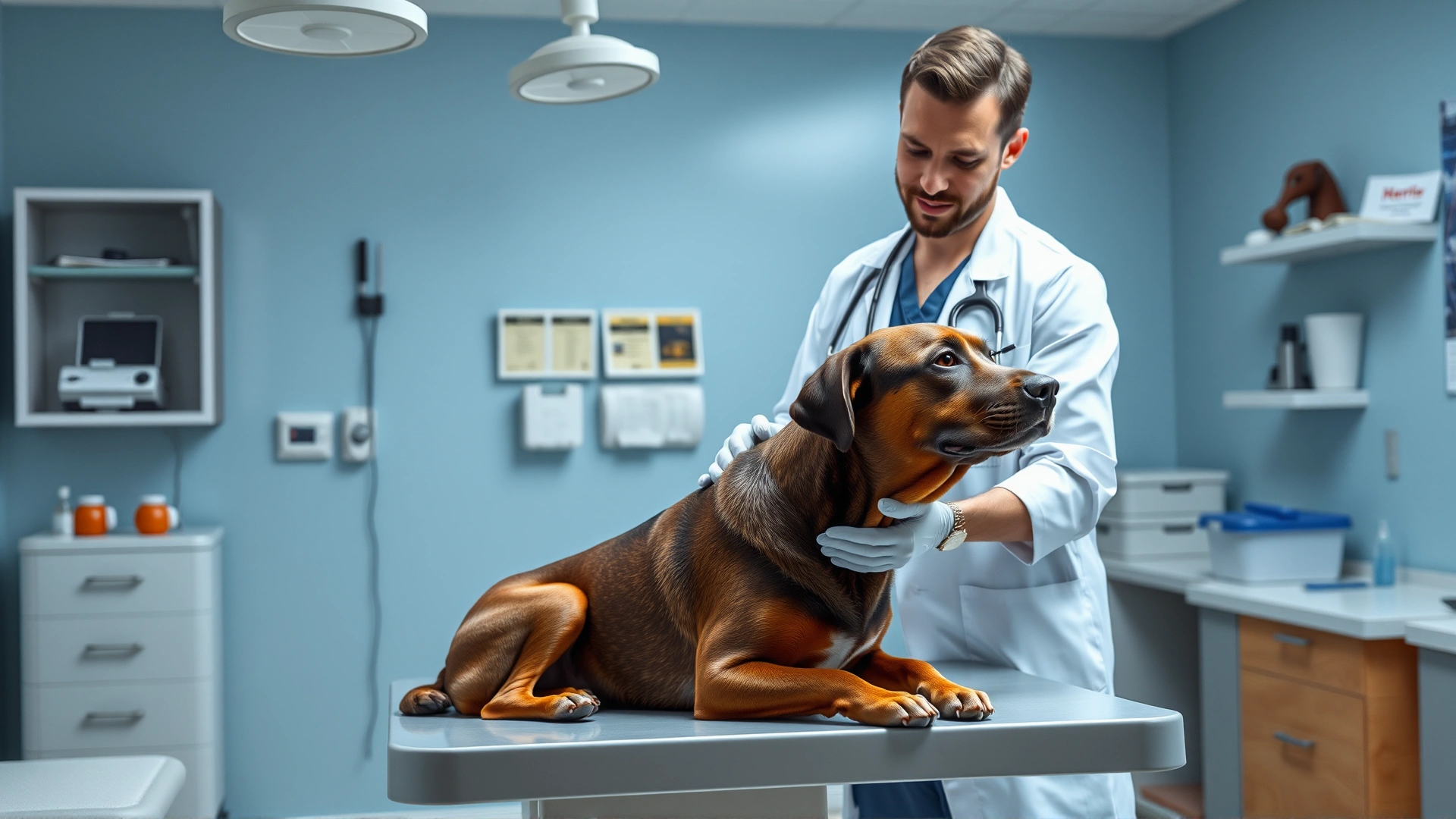 Veterinarian in a clinic examining a calm dog on the table while the owner watches, illustrating professional diagnosis