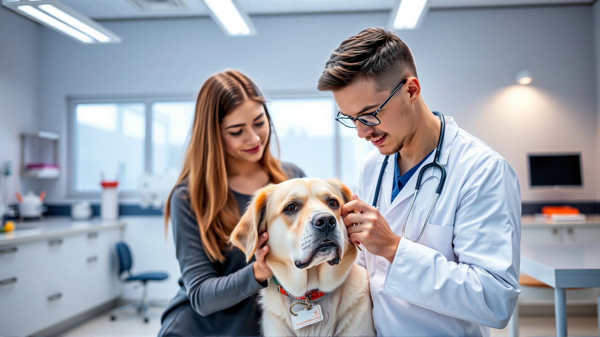 Dog owner discussing test results with a veterinarian in a bright, contemporary clinic