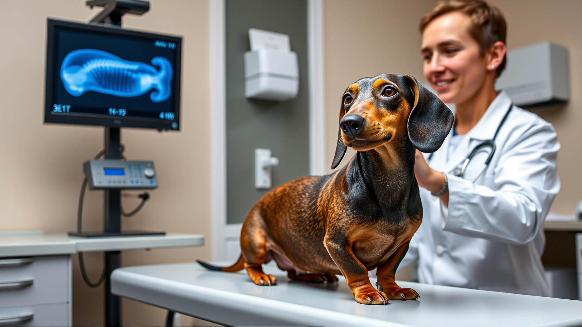 Dachshund on an examination table while a veterinarian points to a spinal X-ray on a monitor, clinic setting