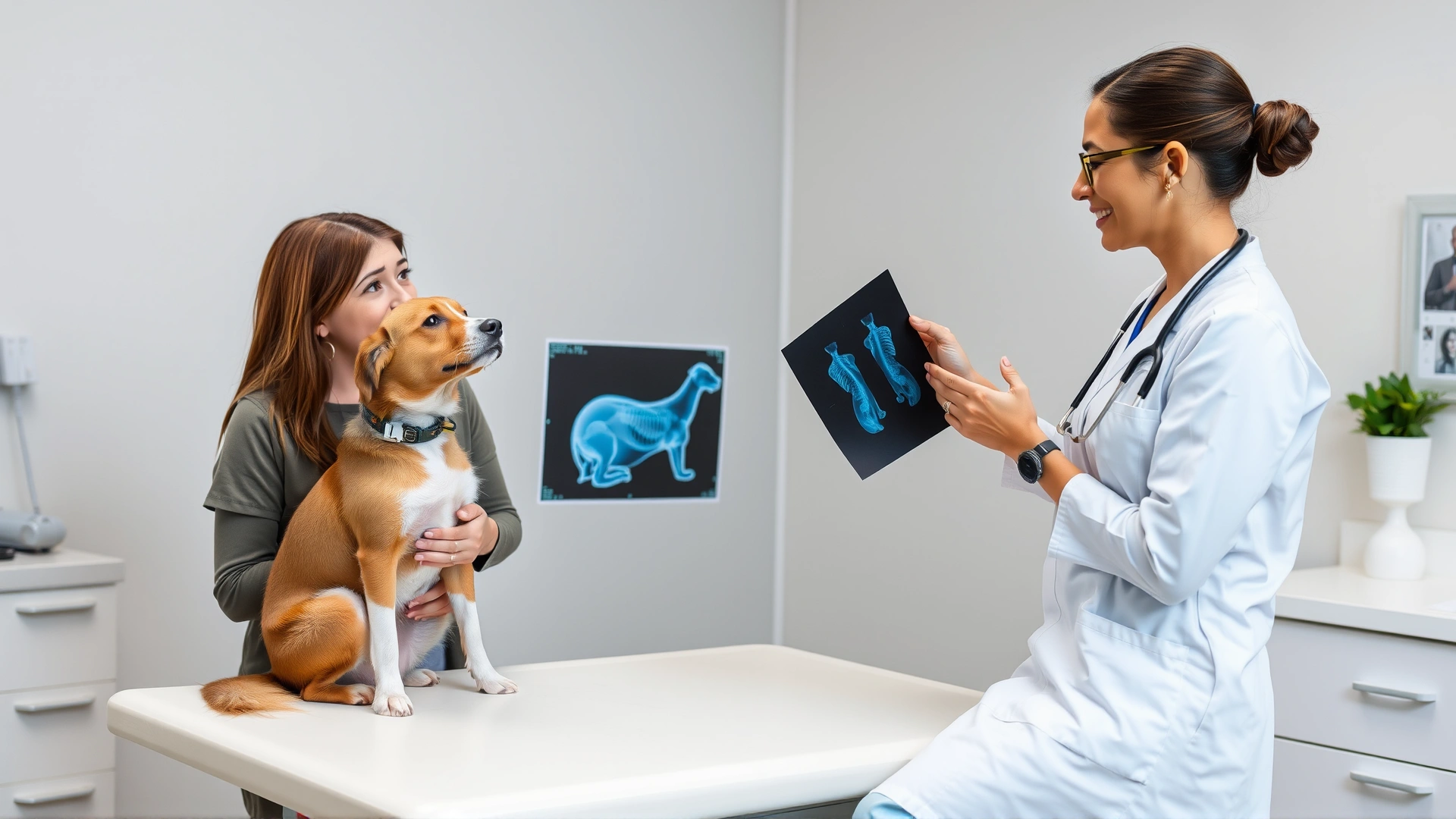 Female veterinarian showing bladder X-ray results to a concerned dog owner while the dog sits on the exam table in a modern vet clinic.