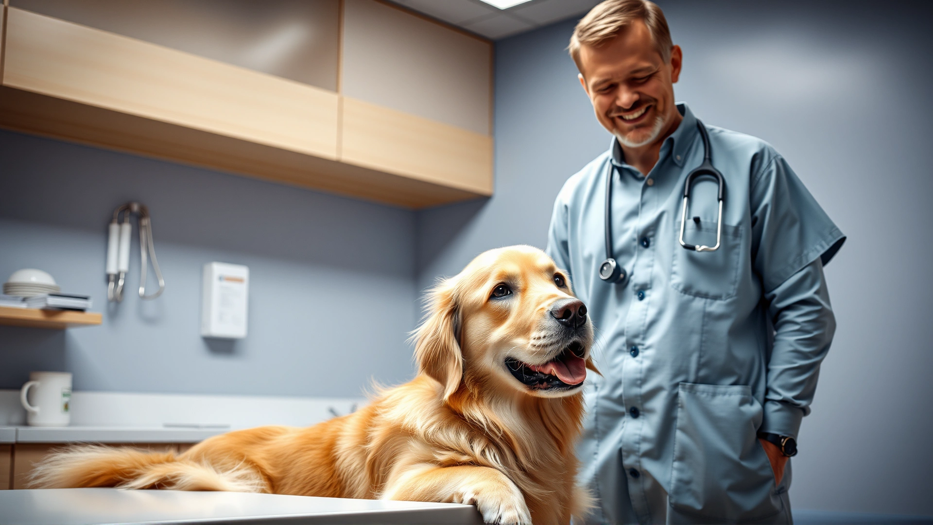 Veterinarian in a clinic examining a golden retriever while the smiling owner stands beside