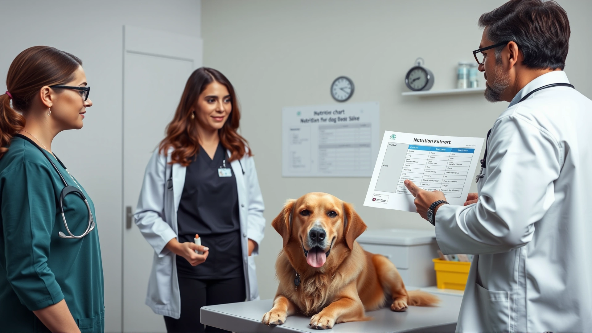 Veterinarian in a bright clinic showing a nutrition chart to a dog owner while a golden retriever sits calmly on the exam table.