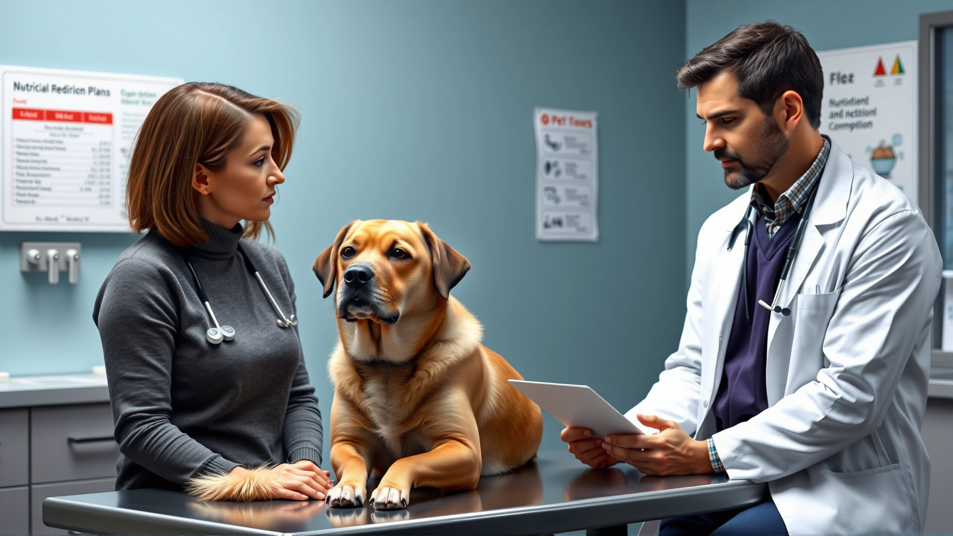 Veterinarian in a white coat discussing a nutrition plan with a pet owner while a calm dog sits on the exam table