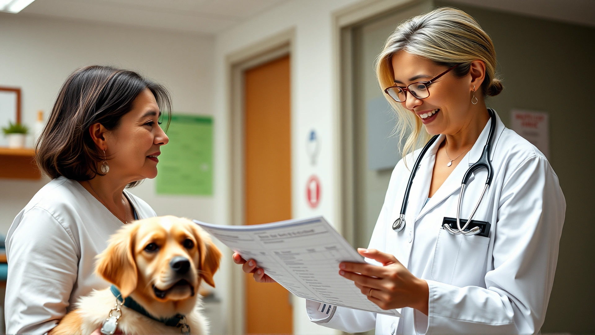 Female veterinarian in a white coat discussing a nutrition chart with a dog owner, clinic interior, friendly atmosphere.