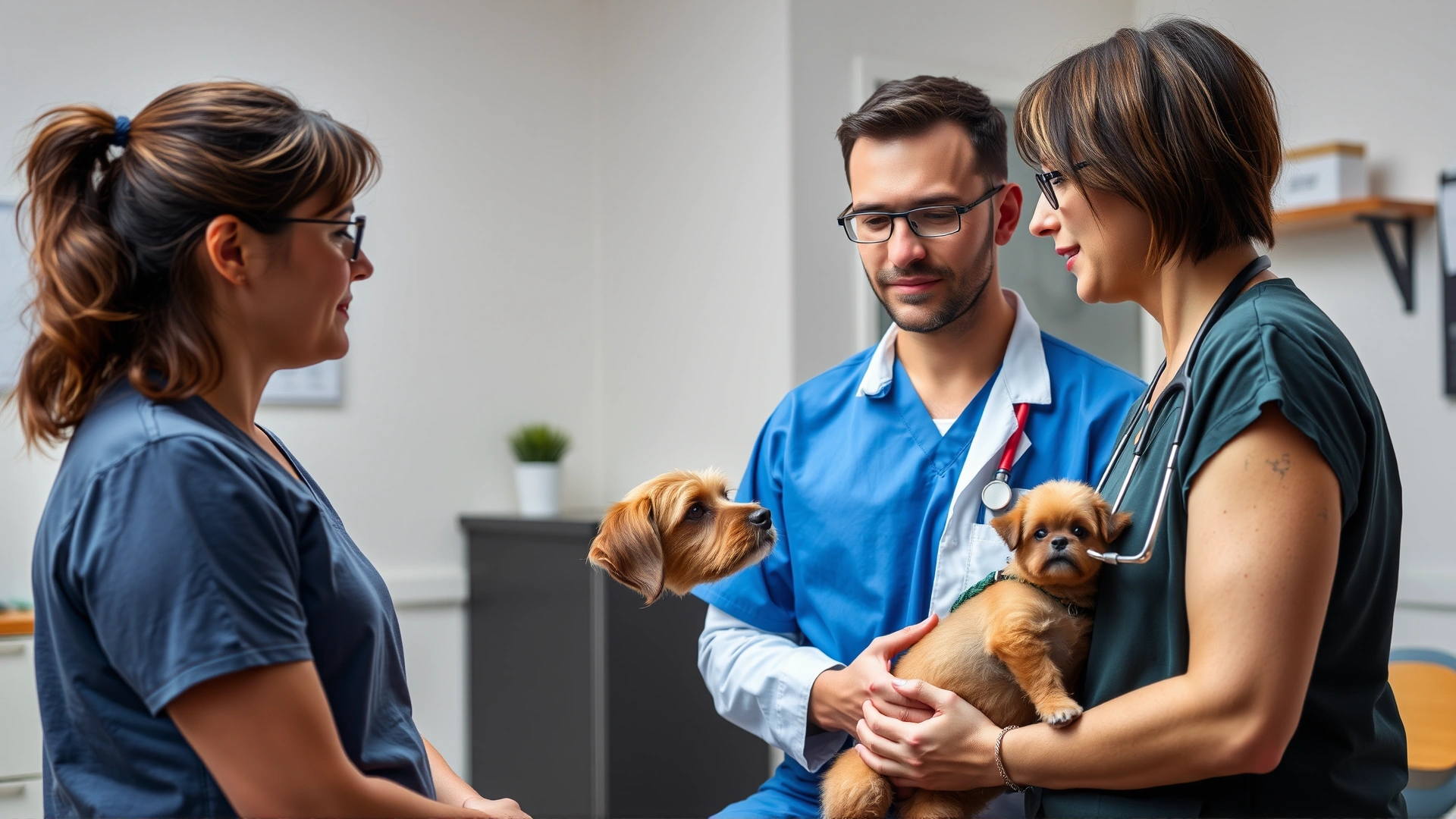 Veterinarian in a modern clinic gently palpating a small dog's abdomen while talking to a concerned pet owner.