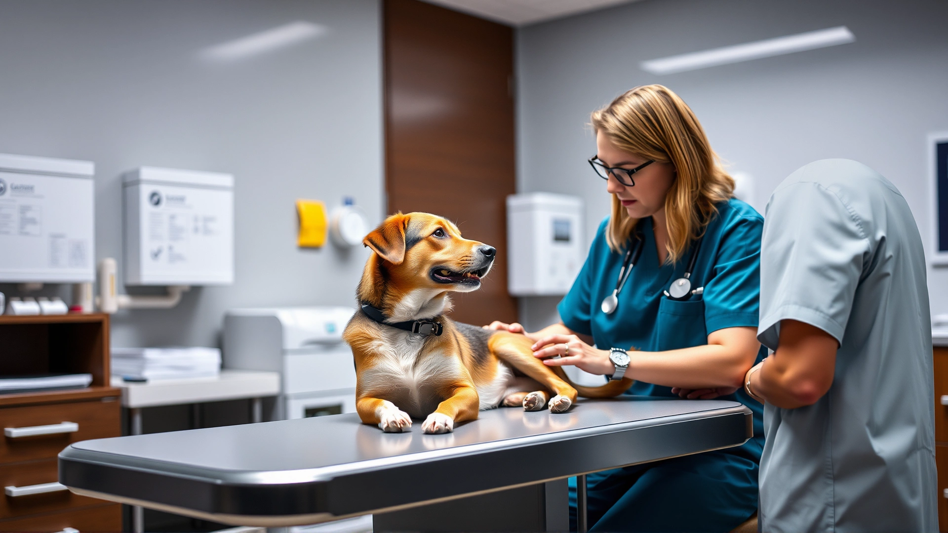 Veterinarian in a modern clinic examining a medium-sized dog on the table while talking to the owner, medical equipment blurred in background, no text