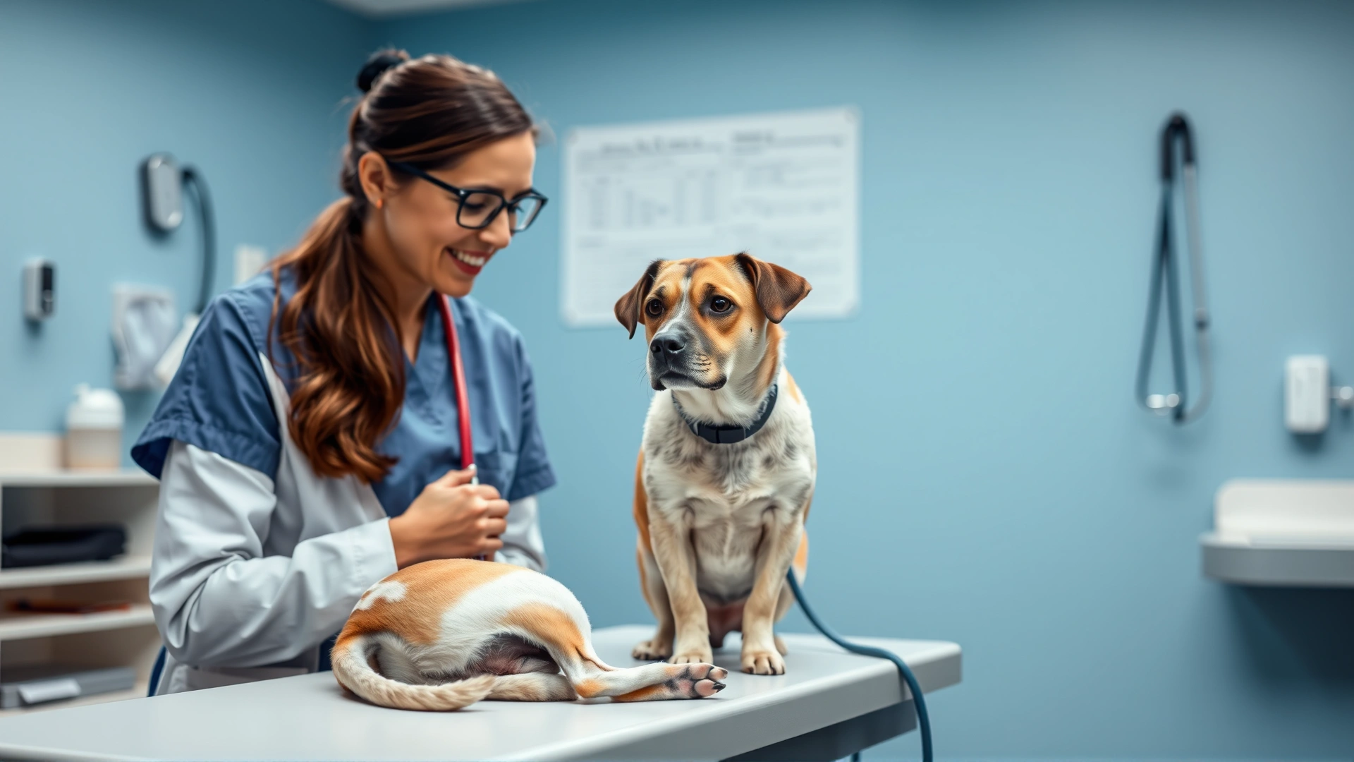 Dog owner talking to a veterinarian while holding her dog on an exam table, clinic background, dog appears calm.