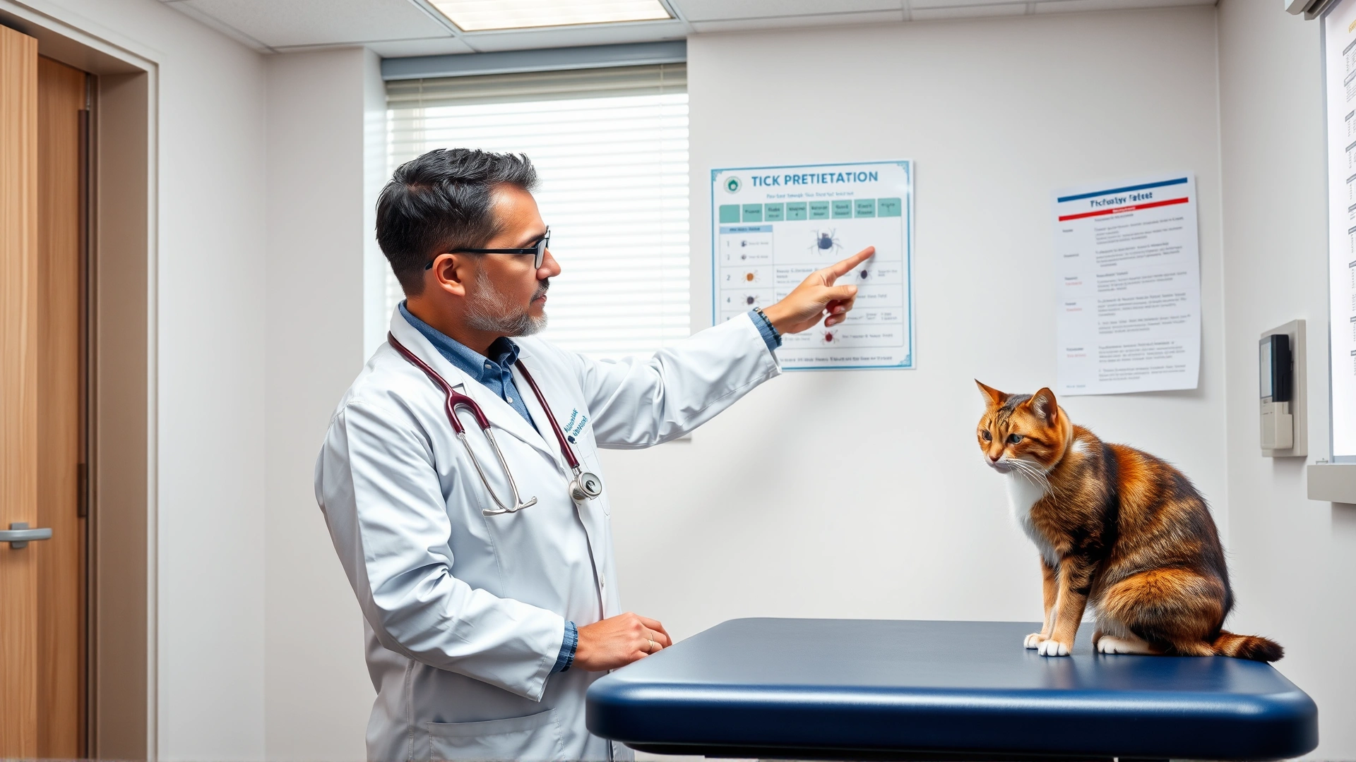 Veterinarian in modern clinic pointing at a tick prevention chart while holding a calm cat on exam table; bright, clean environment