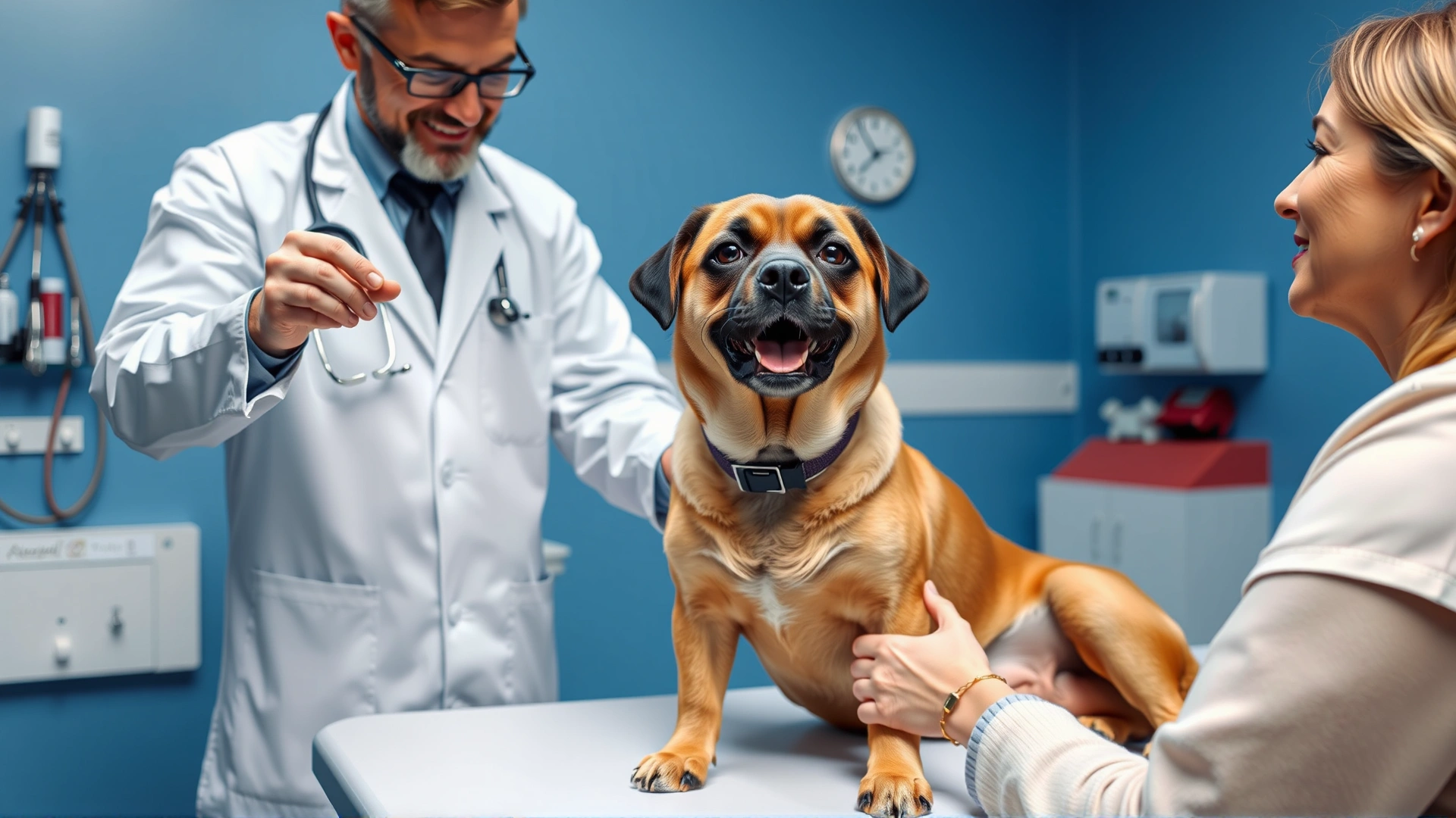 Friendly veterinarian in white coat examining a medium-sized brown dog on an exam table while explaining to the pet owner