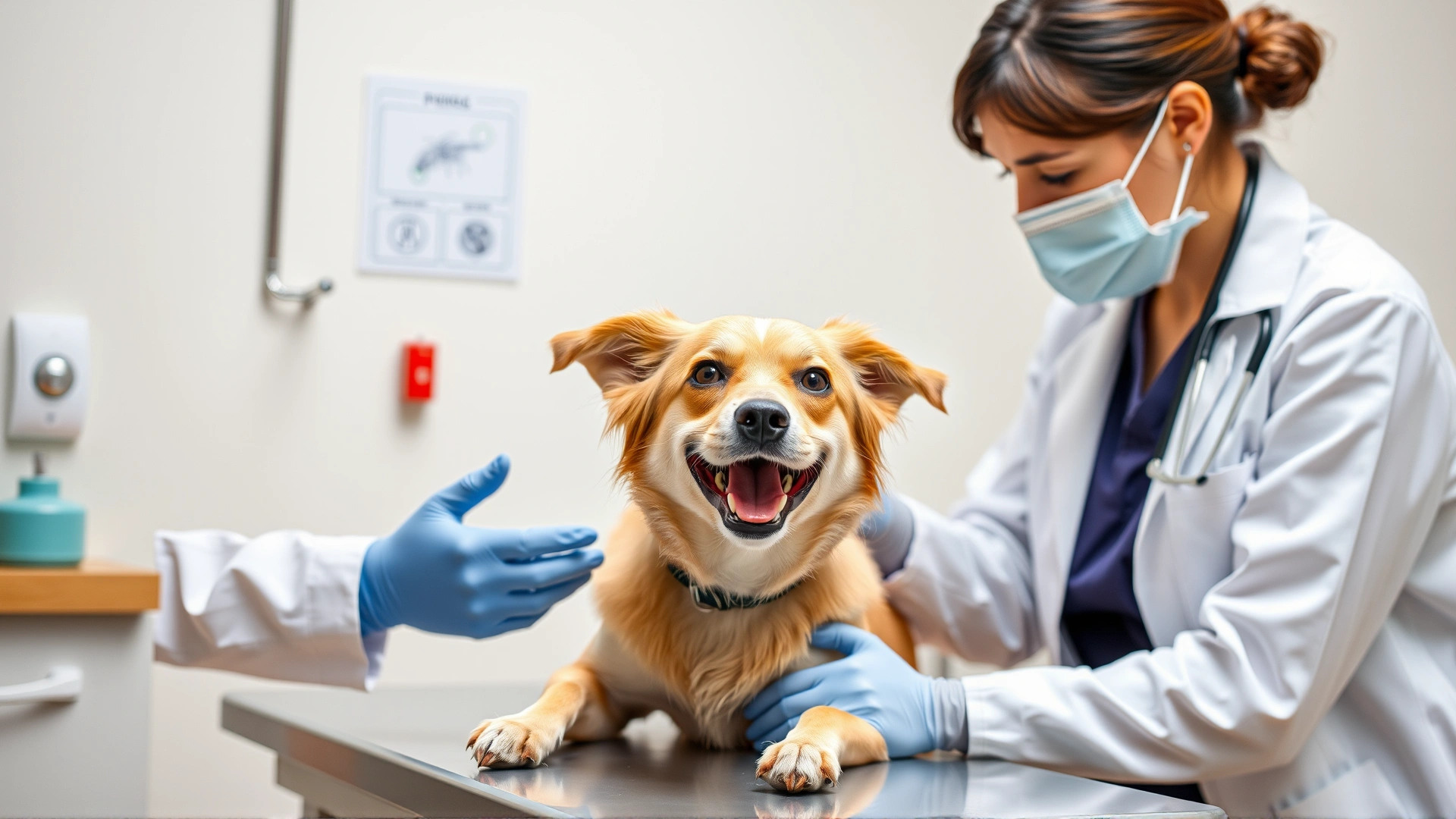 Veterinarian examining a cheerful dog on an exam table, highlighting professional consultation for flea treatment