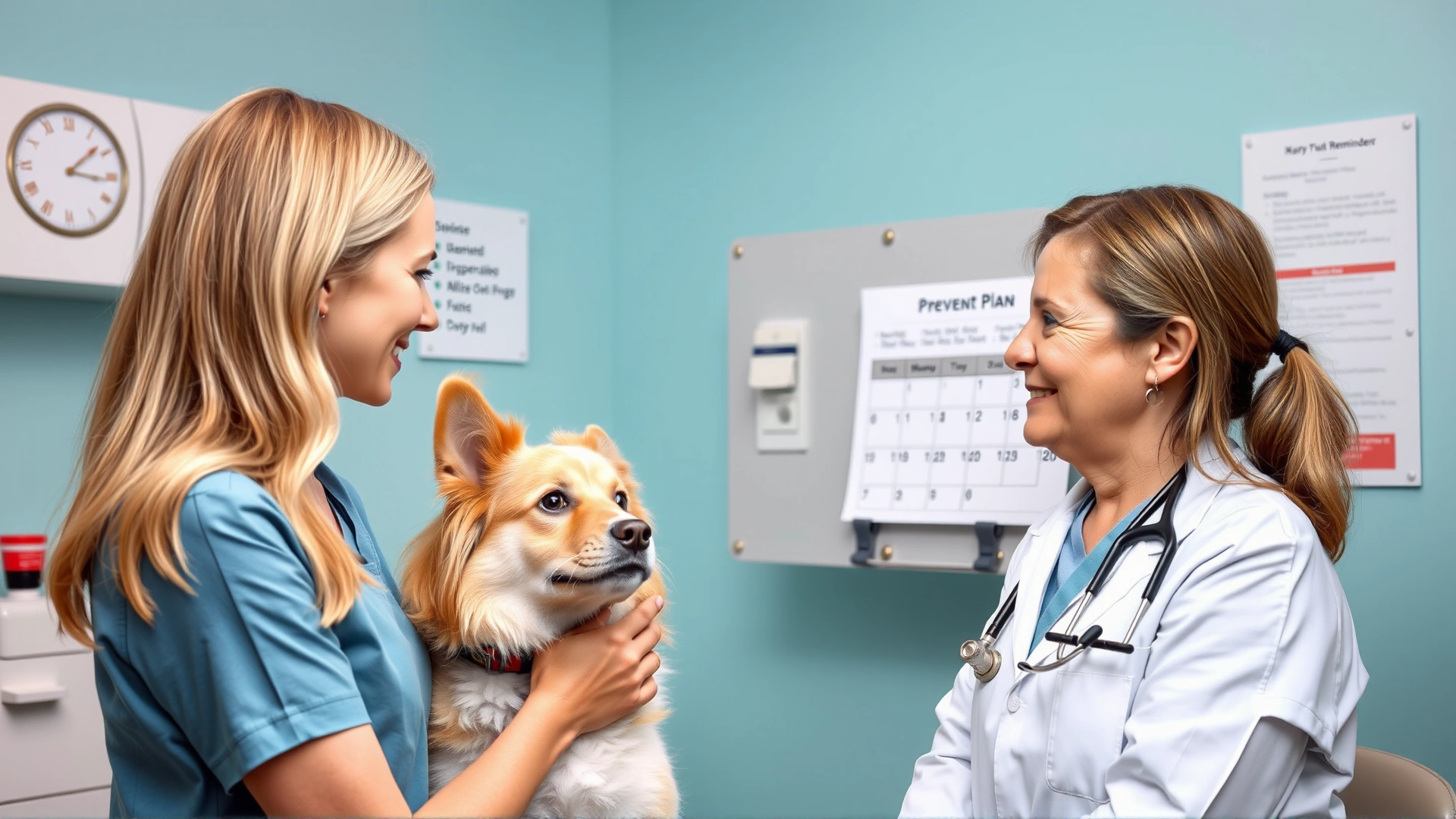 Friendly female veterinarian discussing a prevention plan with a pet owner in a bright exam room, pointing to a calendar showing monthly dosing reminders.
