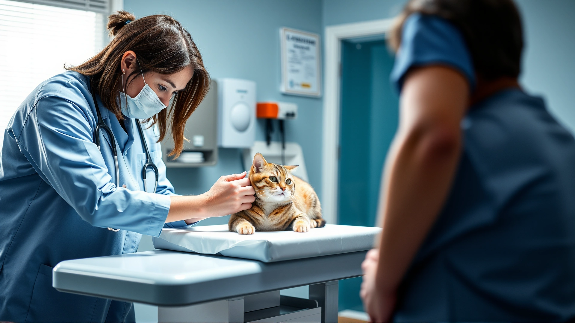 Veterinarian gently examining a tabby cat on an exam table with the owner present, bright clinical setting