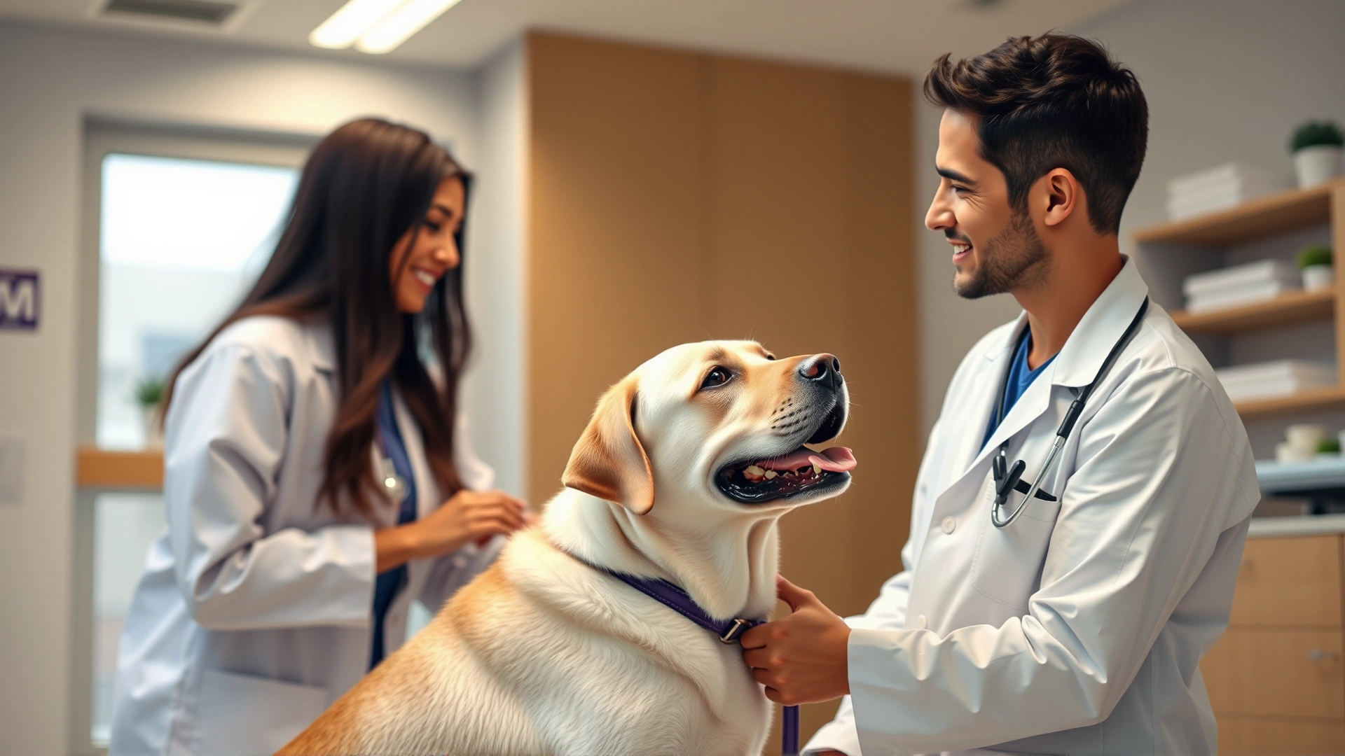 A veterinarian wearing a white coat talking to a pet owner while gently examining a friendly Labrador in a modern clinic.