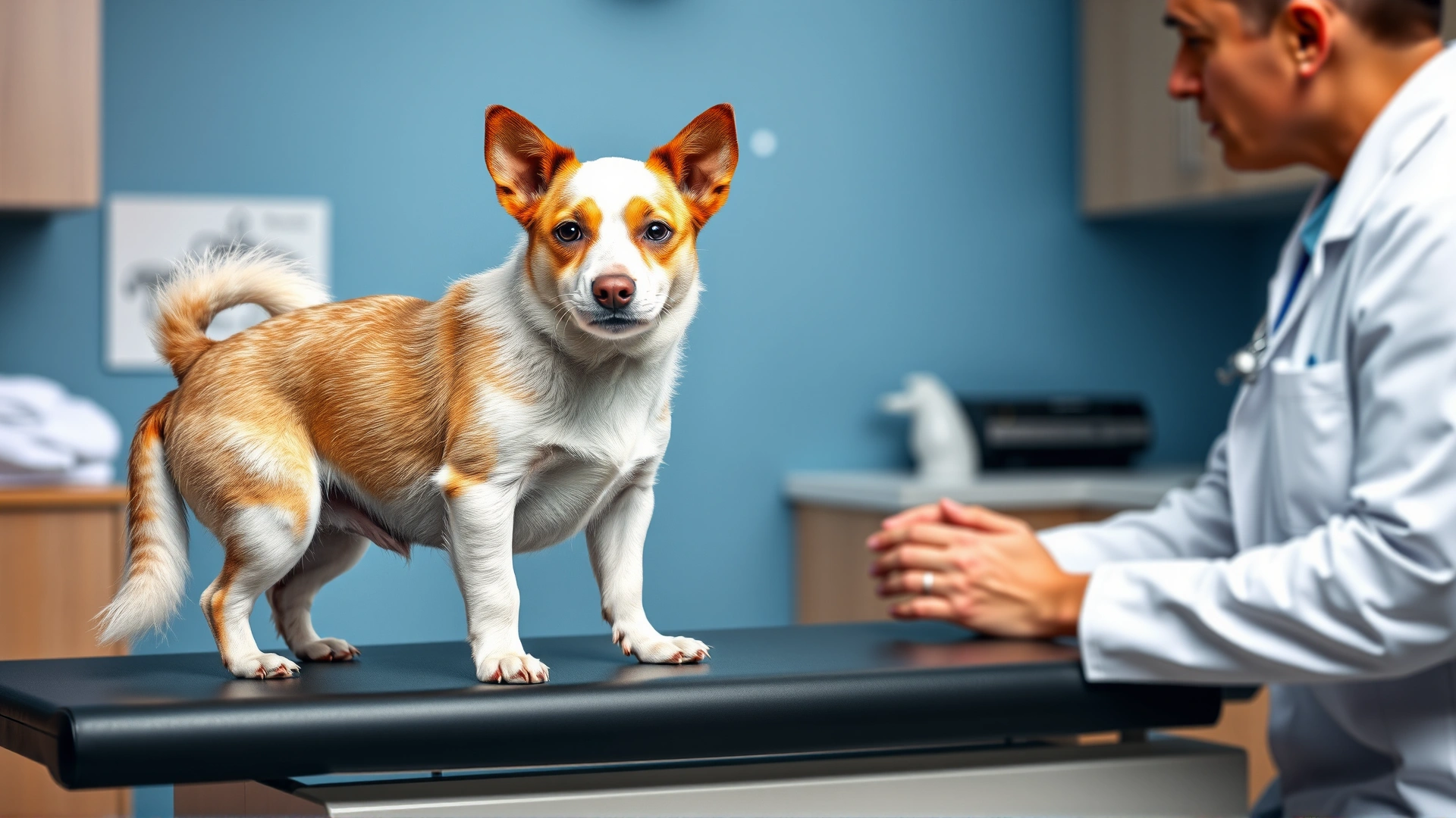 Dog standing on an exam table while a veterinarian in white coat gently examines it; both appear calm, clinic background.