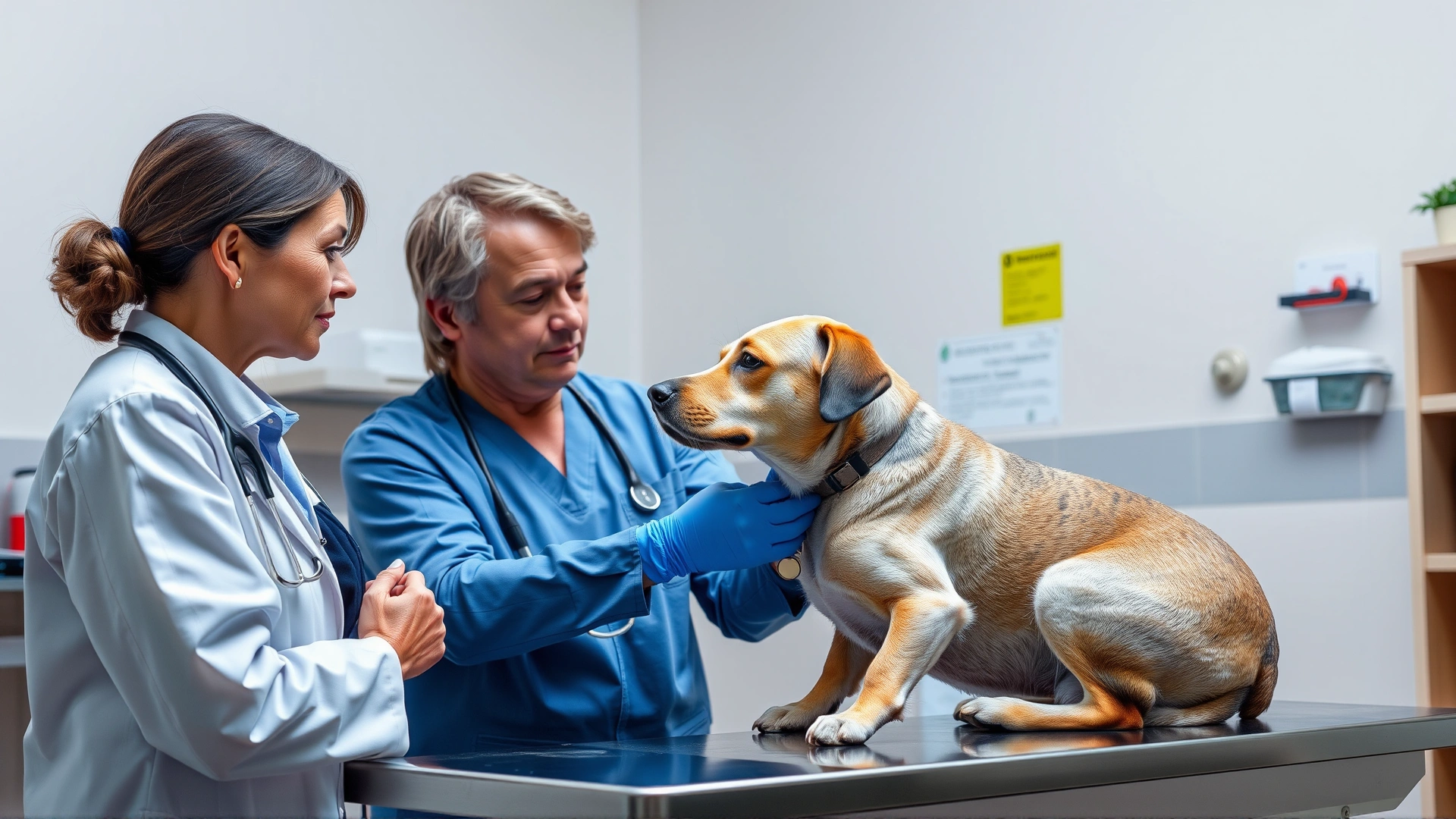 A veterinarian discussing with a pet owner while gently examining a calm dog on the clinic table.