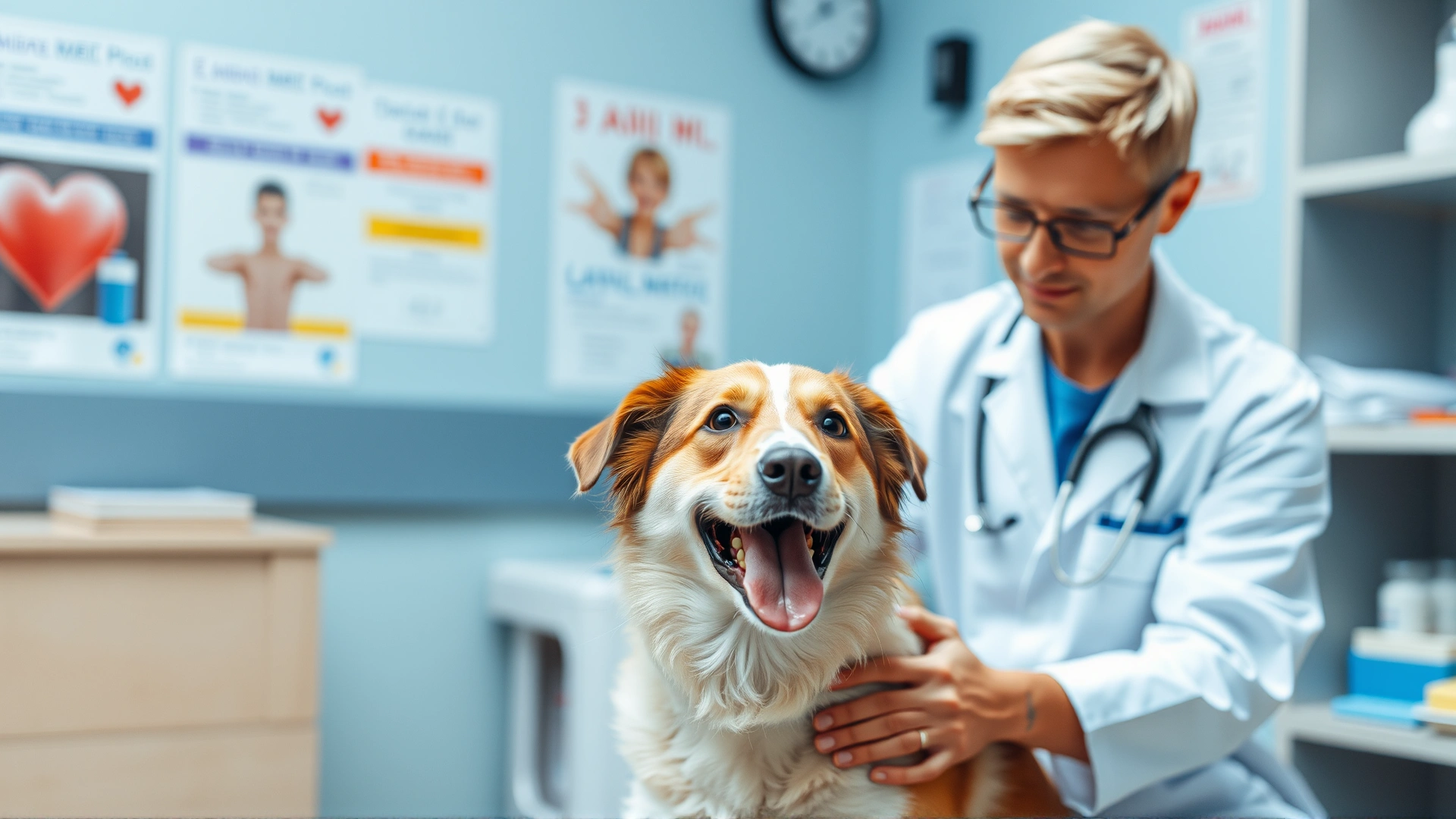 Veterinarian in white coat examining a happy dog in a clinic, with medical posters blurred in the background