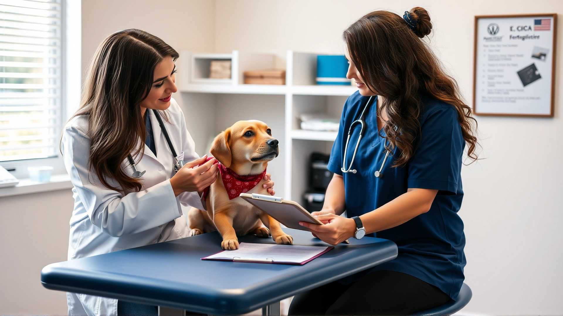 Veterinarian explaining medication instructions to a pet owner over an examination table, clipboard visible