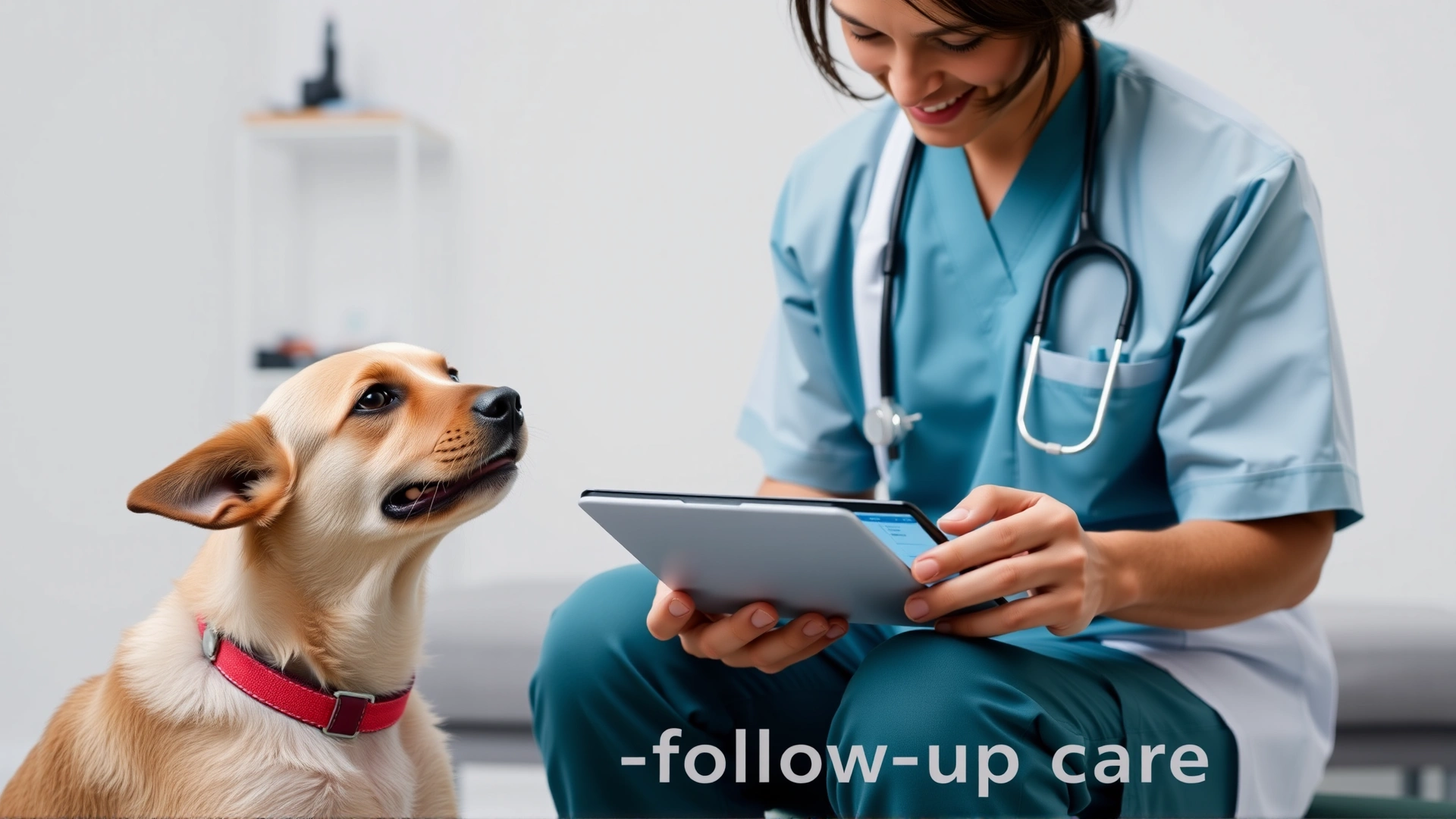 Veterinarian and pet owner reviewing lab results on a digital tablet with a dog sitting nearby, conveying follow-up care.