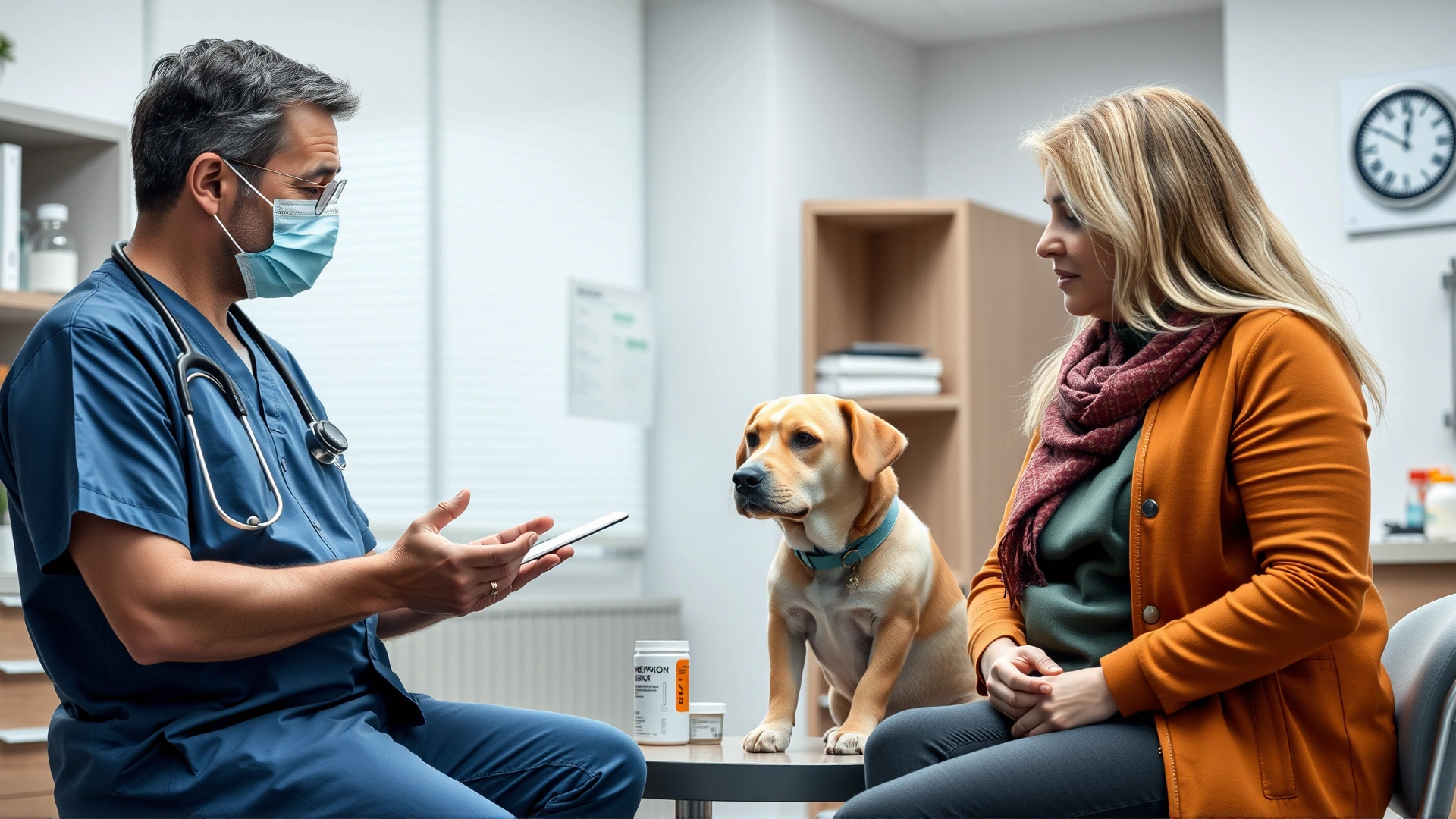 Veterinarian explaining medication dosage to a pet owner inside a modern clinic, dog present