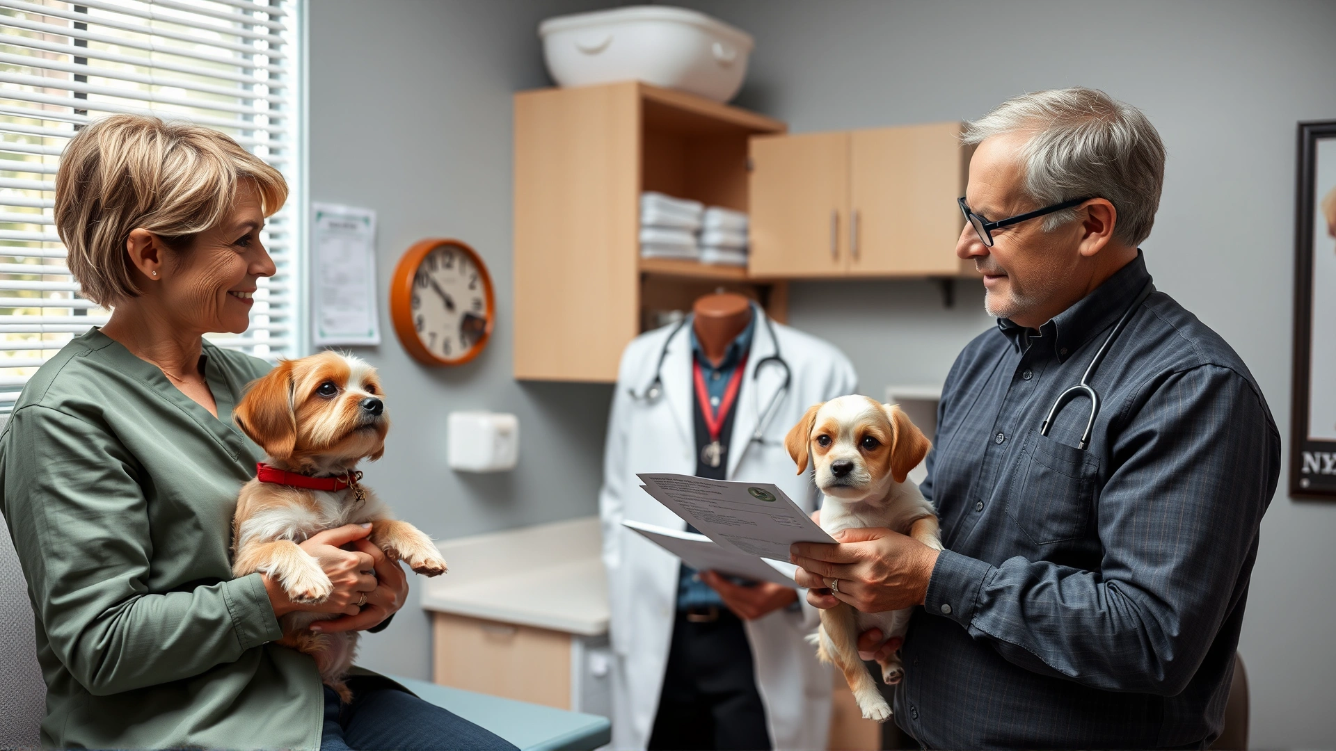 Pet owner talking with veterinarian in exam room while holding a small dog, vet pointing to prescription paper, friendly atmosphere.