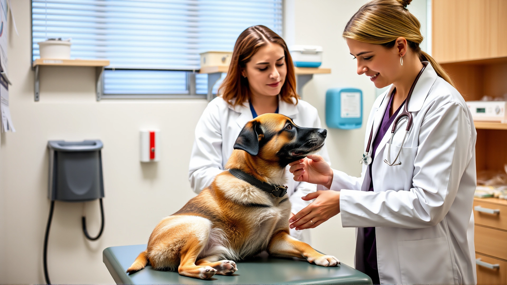 A professional female veterinarian in a white coat discussing medication with a pet owner while gently examining a medium-sized dog on the clinic examination table.