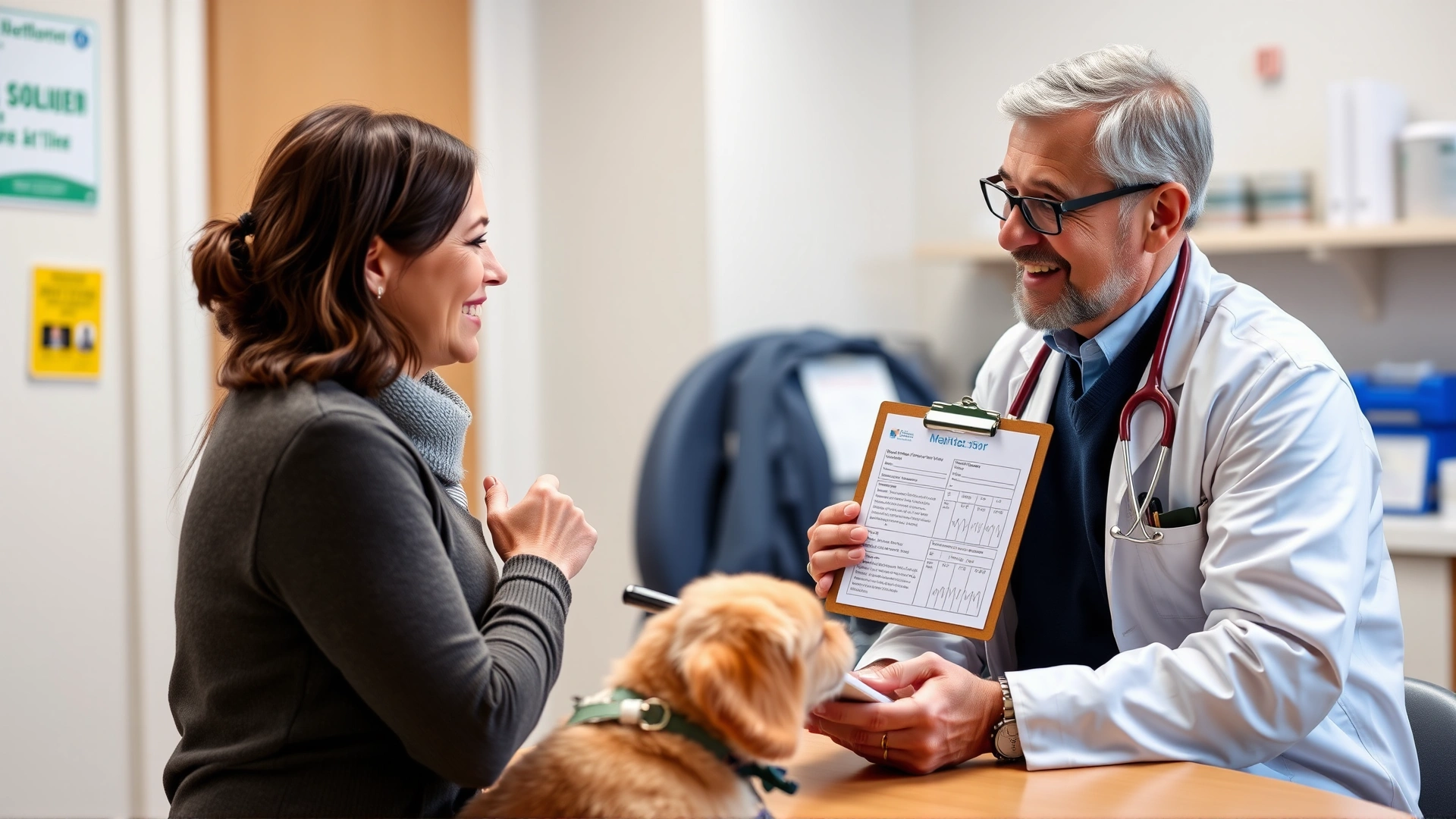 Pet owner talking with a veterinarian in a clinic, veterinarian showing medication instructions on a clipboard, both smiling, dog next to them