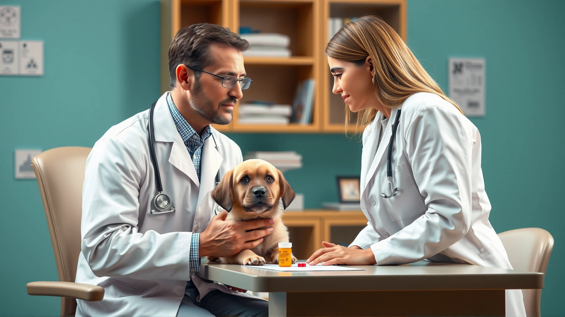 Veterinarian in a white coat sitting at an examination table discussing medication options with a dog owner, prescription bottle visible